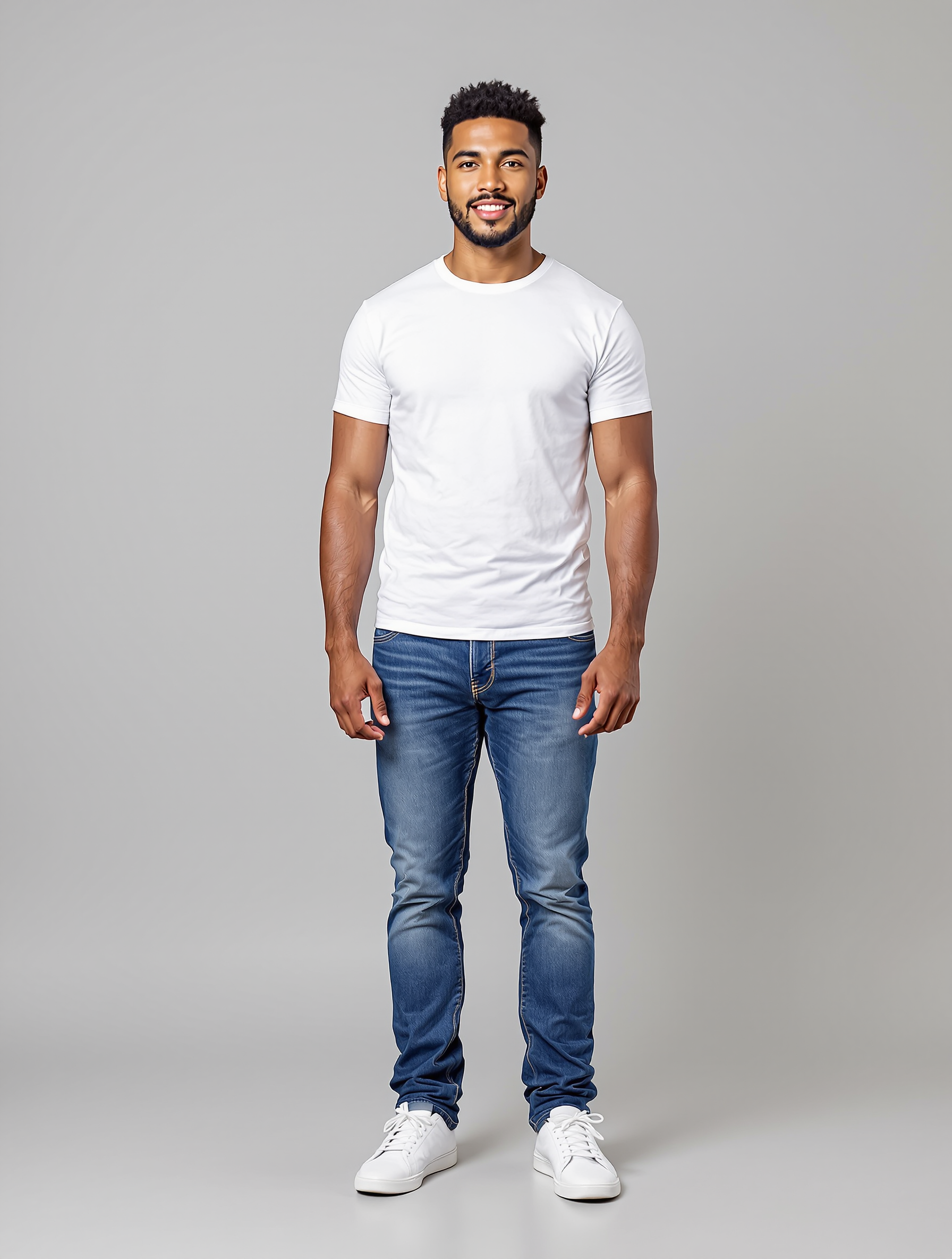 Man in white crew neck tee and blue jeans smiling at camera