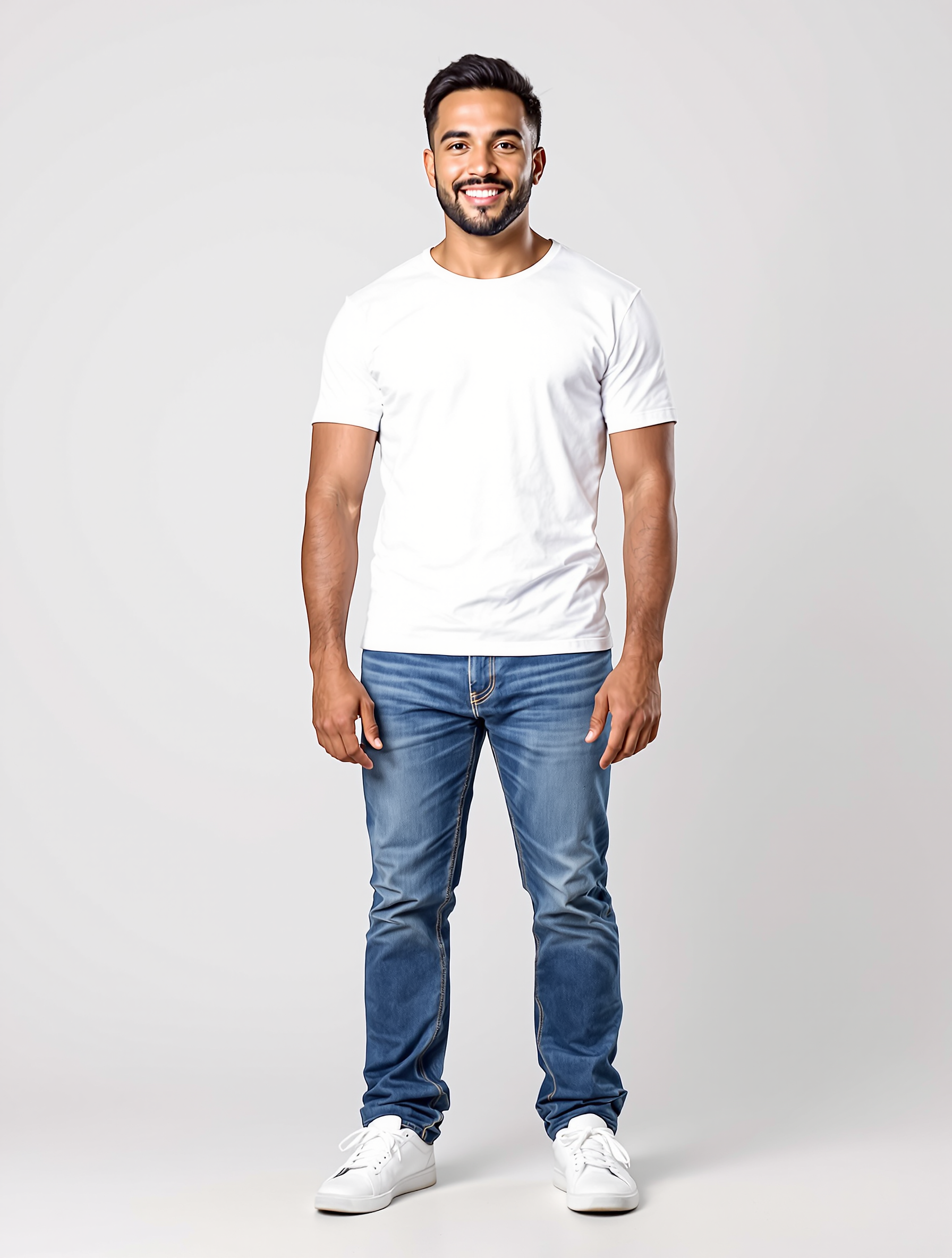 Man in white t-shirt and blue jeans smiling at camera