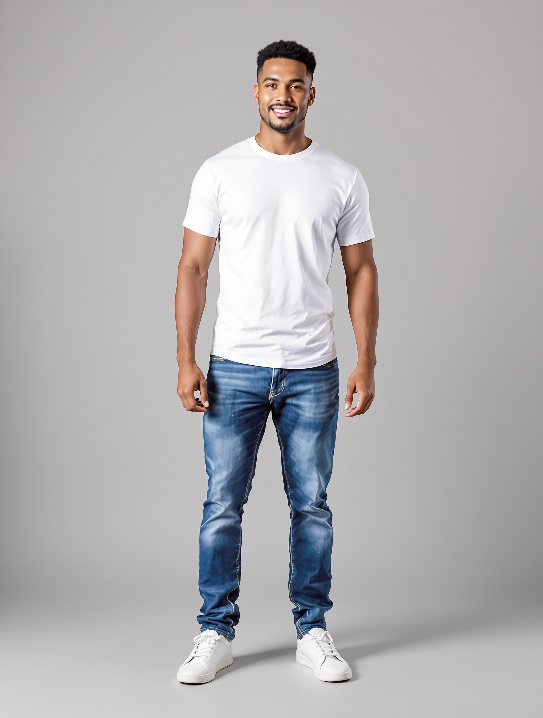 Man in white t-shirt and blue jeans smiling at camera