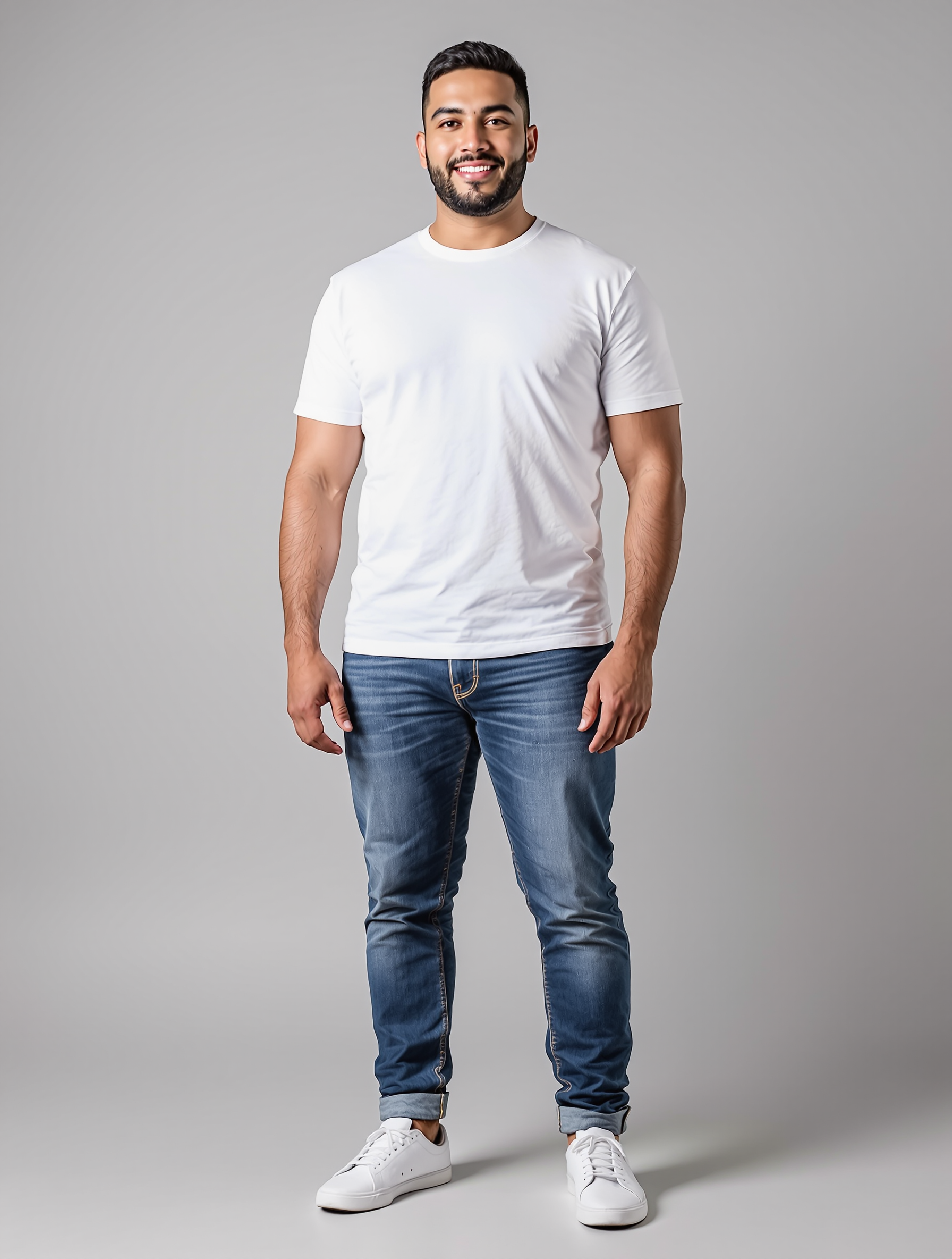 Man in white t-shirt and blue jeans standing against gray background