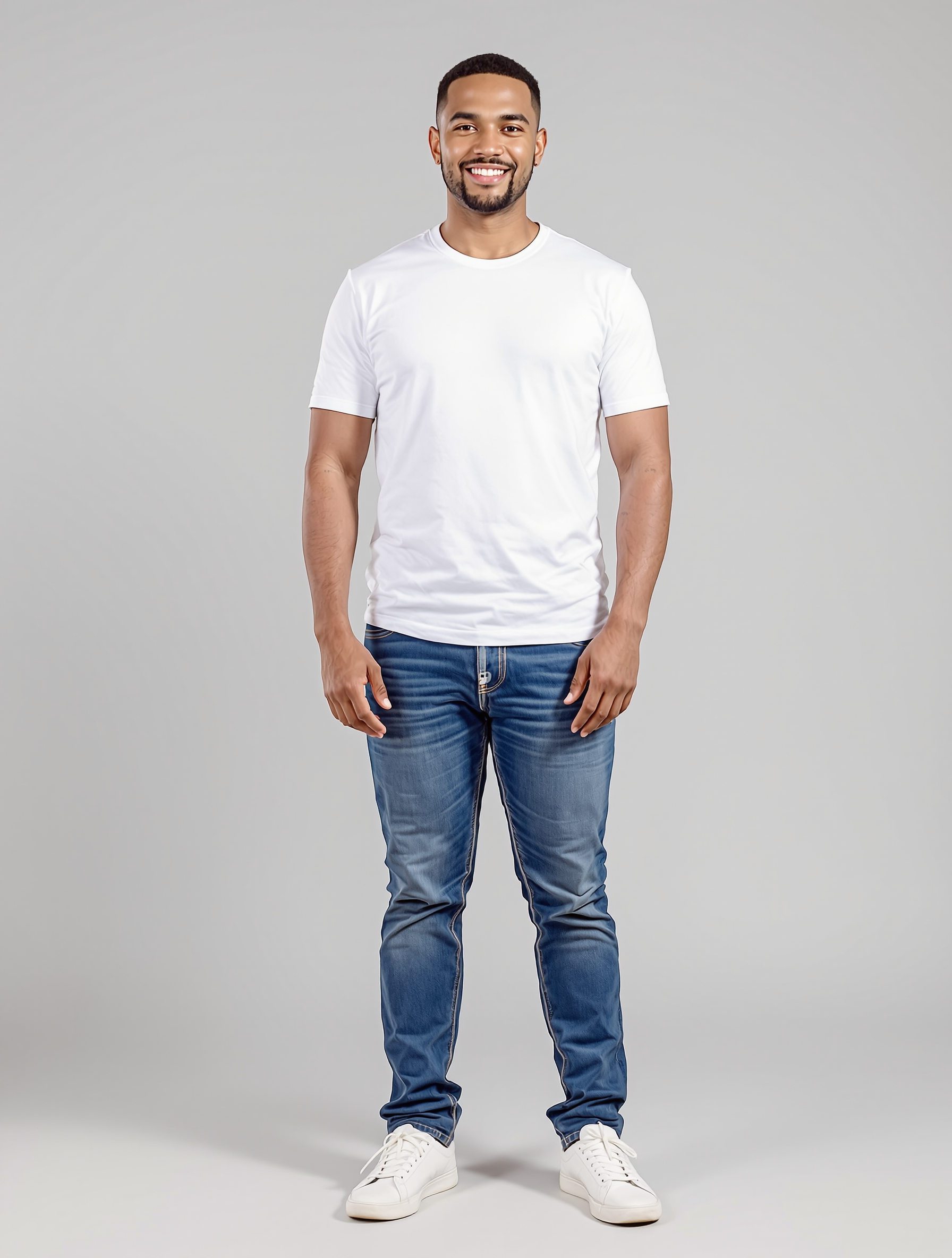 Man in white t-shirt and blue jeans standing against gray background
