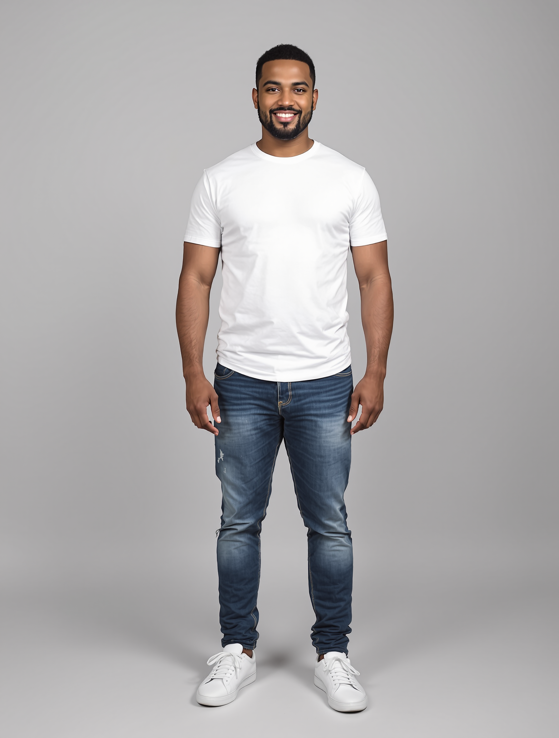 Man in white t-shirt and distressed dark jeans smiling at camera