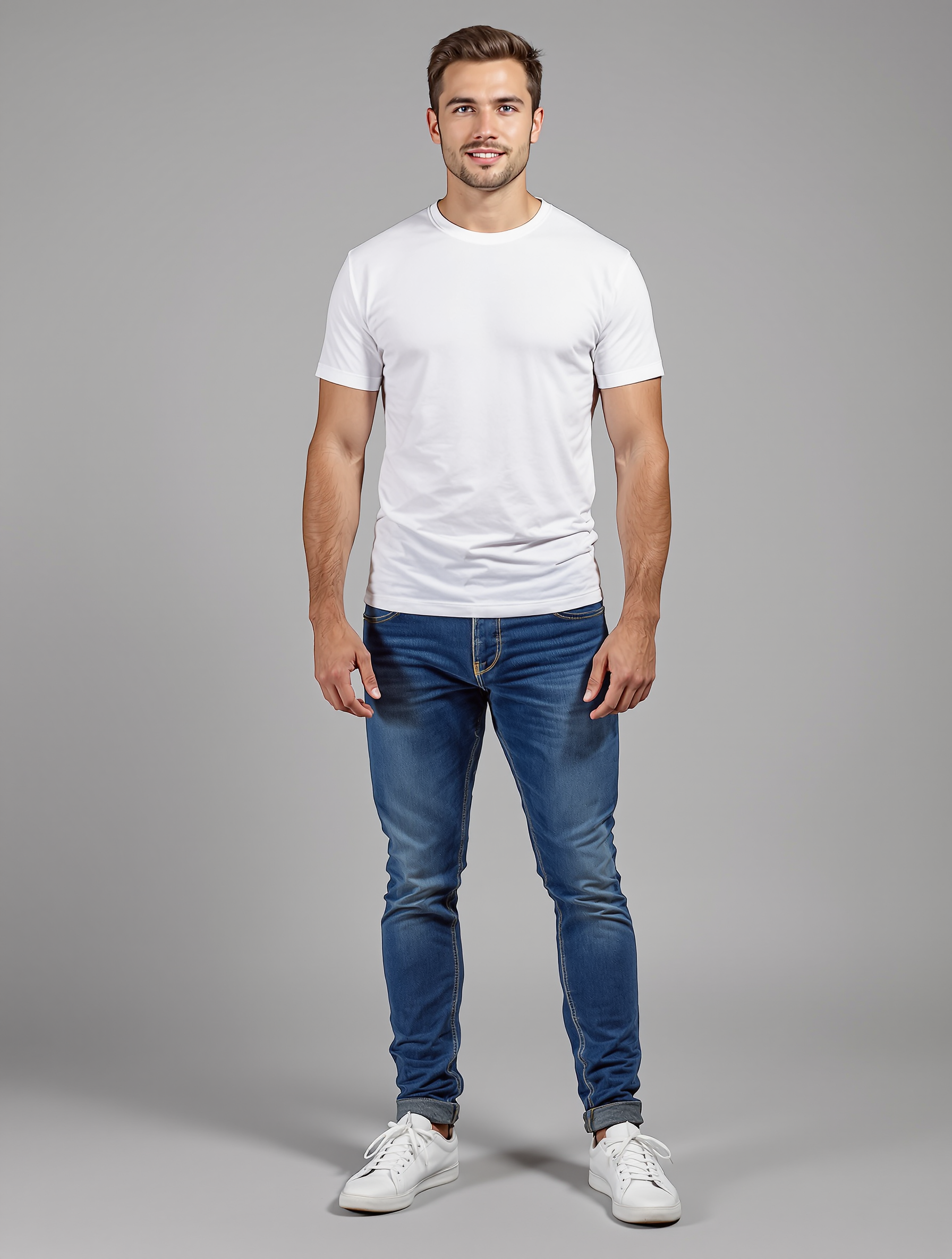 Man in white t-shirt and blue jeans with white sneakers