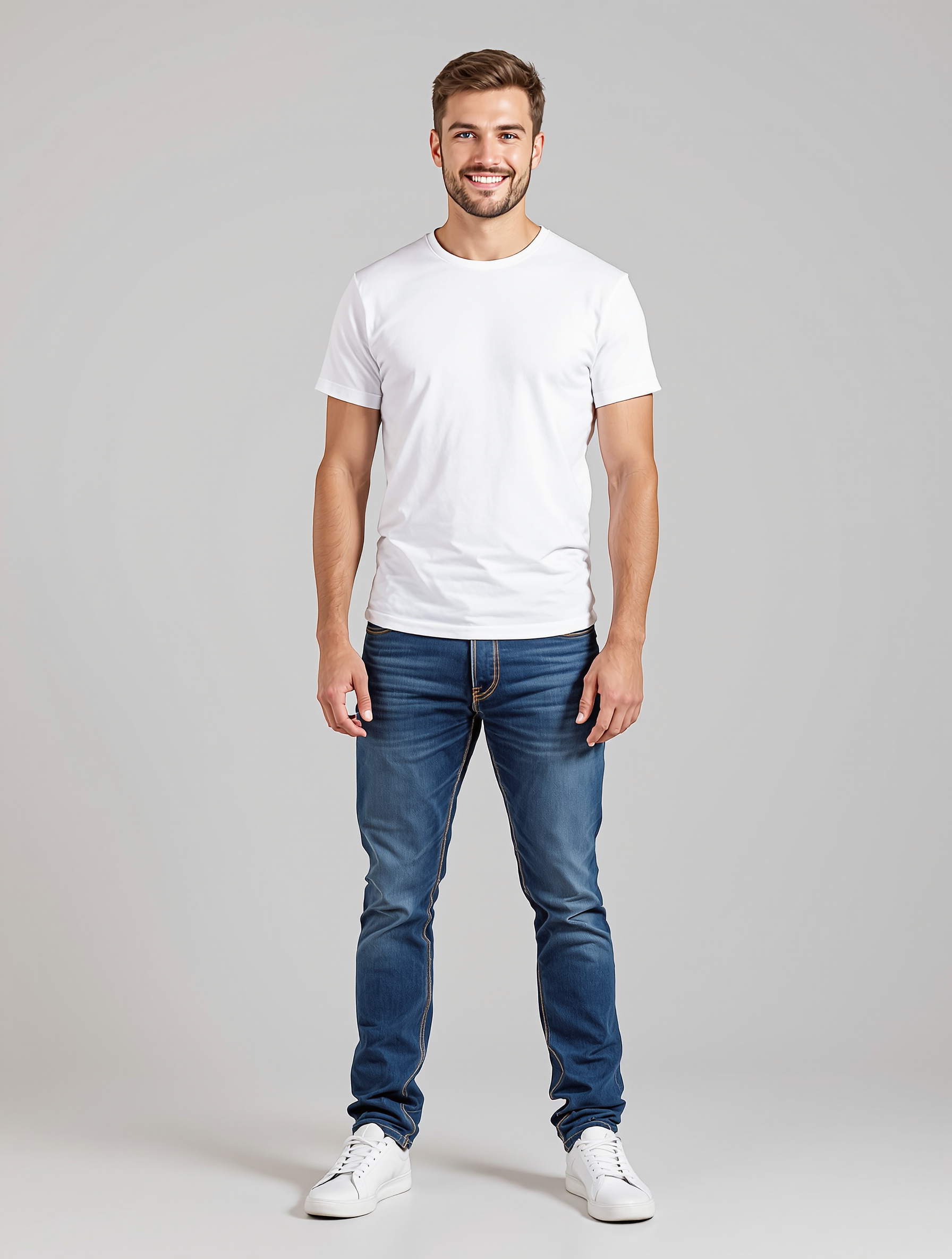 Man in white t-shirt and blue jeans standing with white sneakers