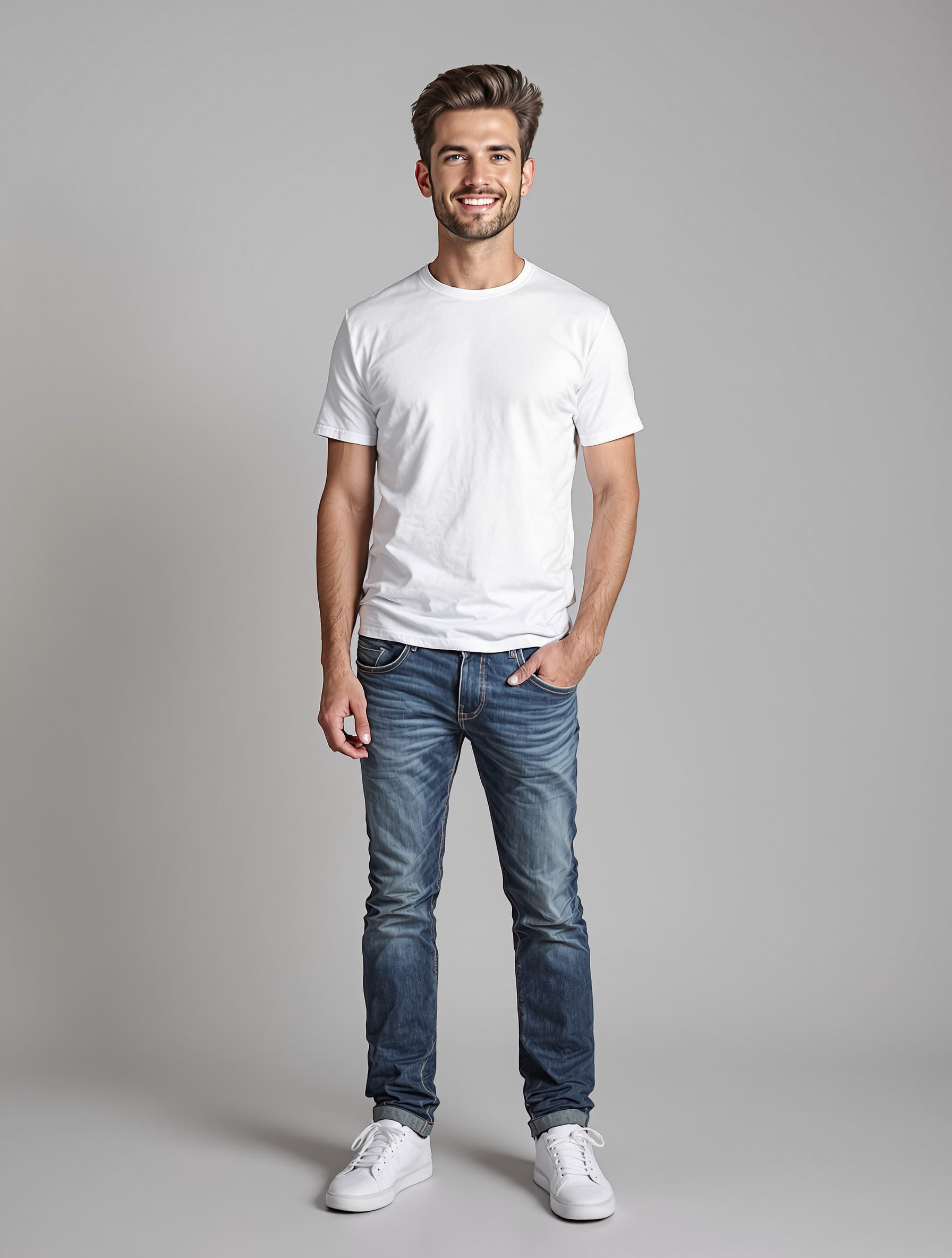 Man in white crew neck t-shirt and dark blue jeans standing pose