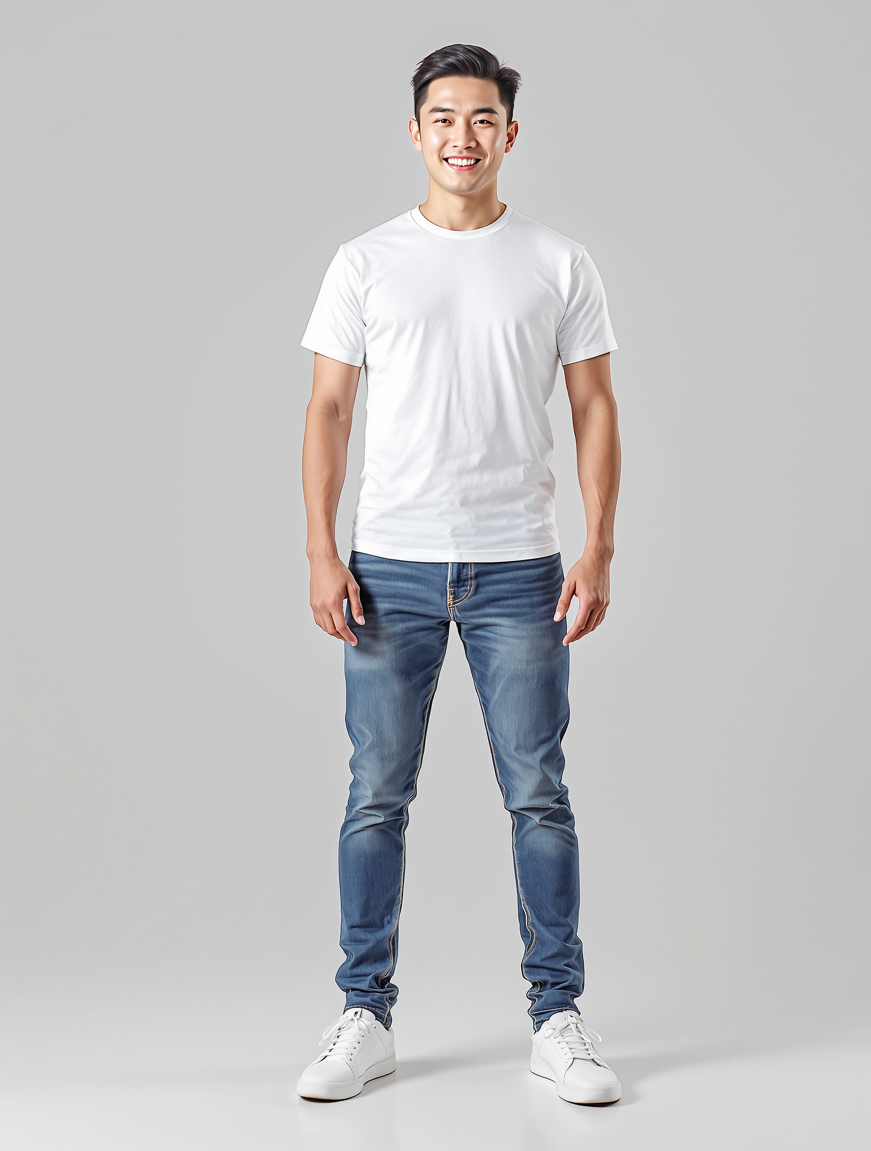 Smiling man in white t-shirt and blue jeans against gray background