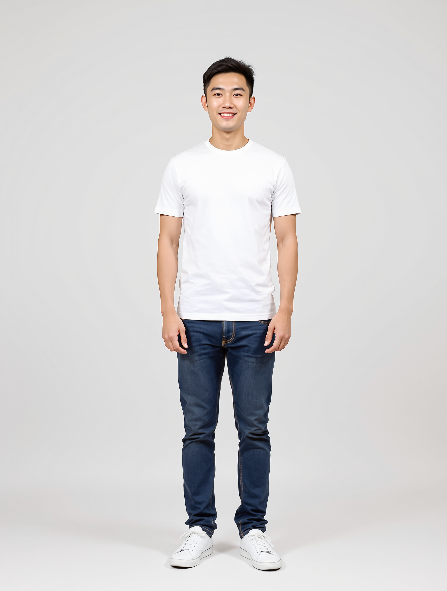 Man in white t-shirt and dark jeans standing against neutral background