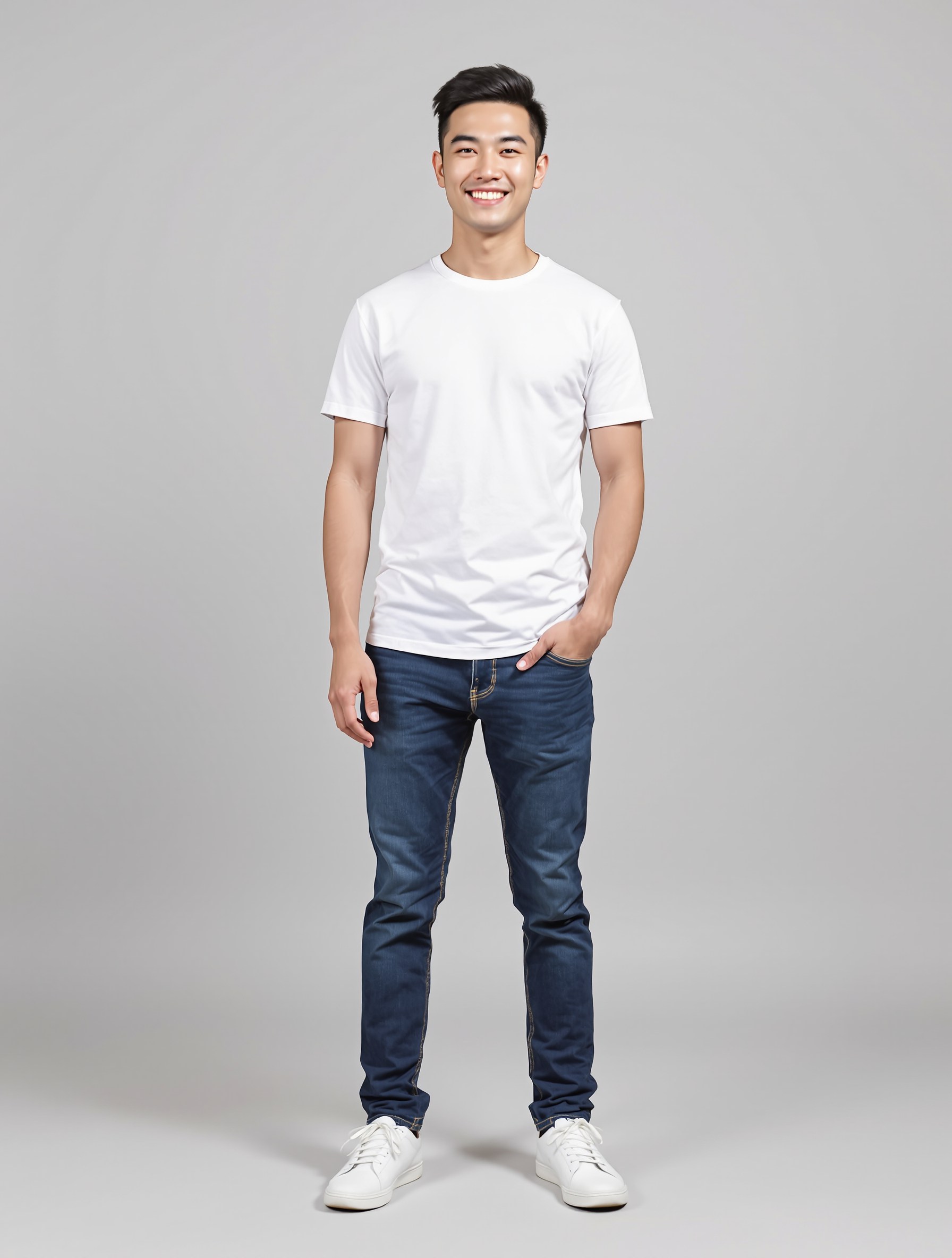 Man in white t-shirt and dark jeans smiling at camera
