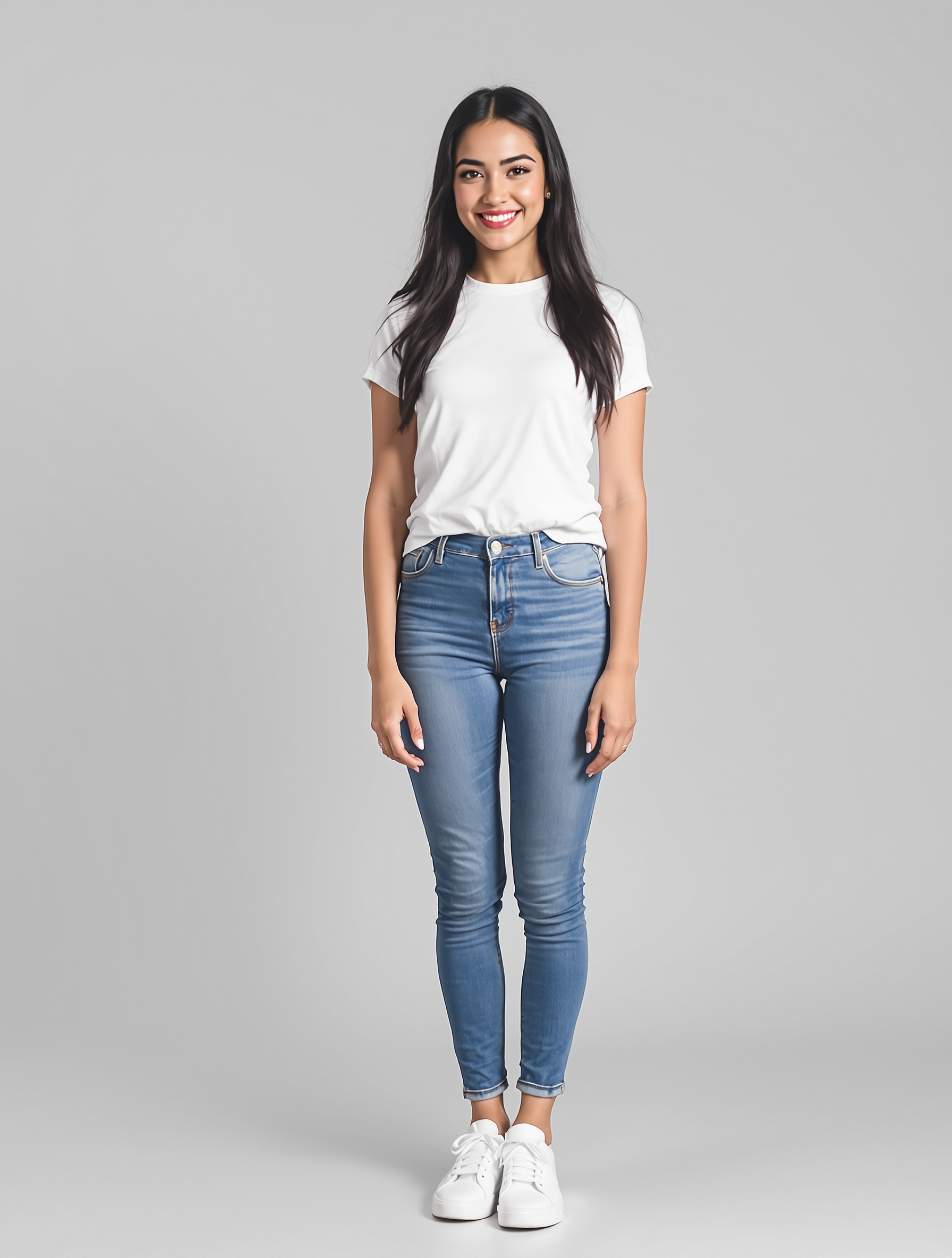 Woman in white t-shirt and blue jeans with white sneakers