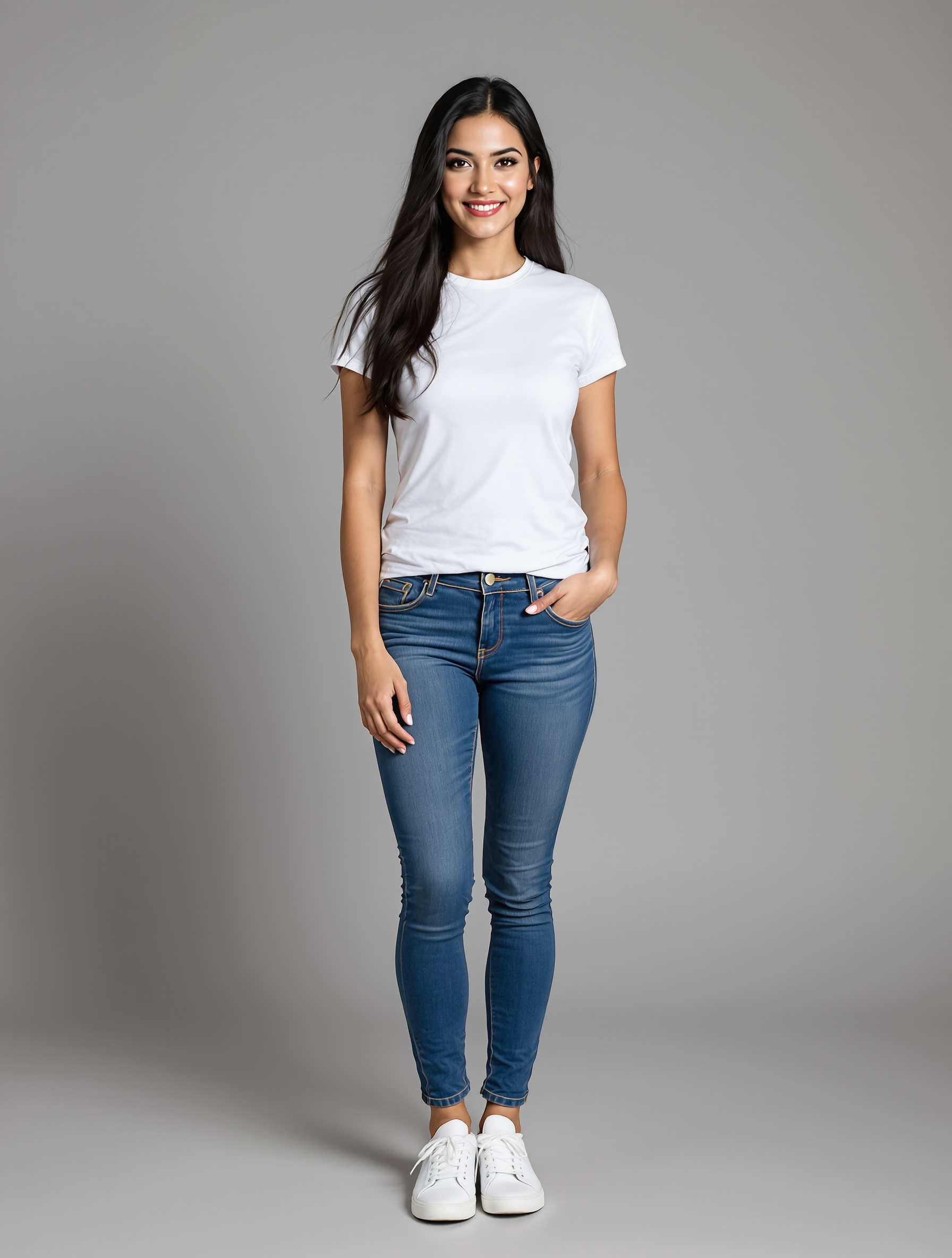 Woman in white t-shirt and blue jeans with white sneakers