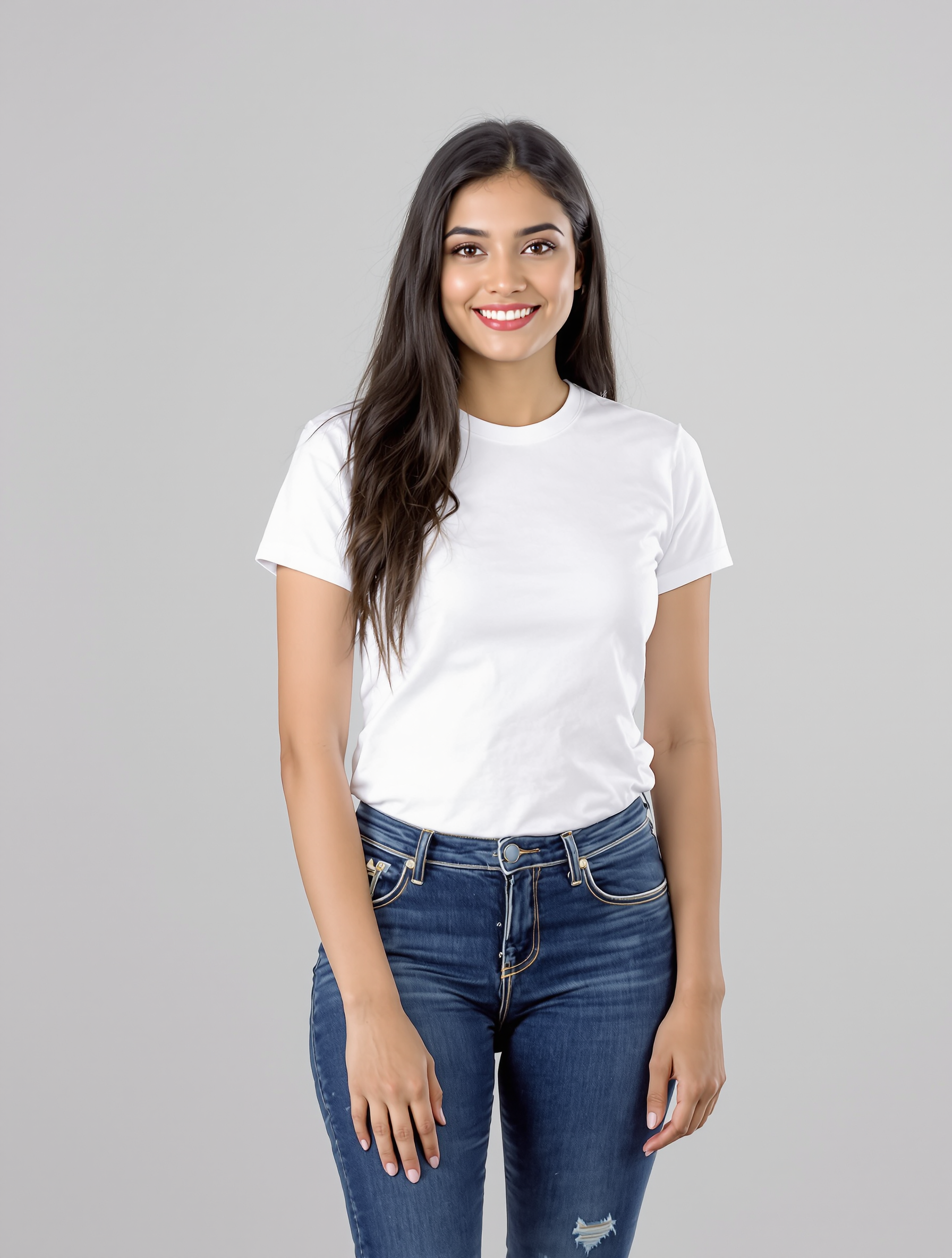 Woman in white t-shirt and distressed dark blue jeans smiling