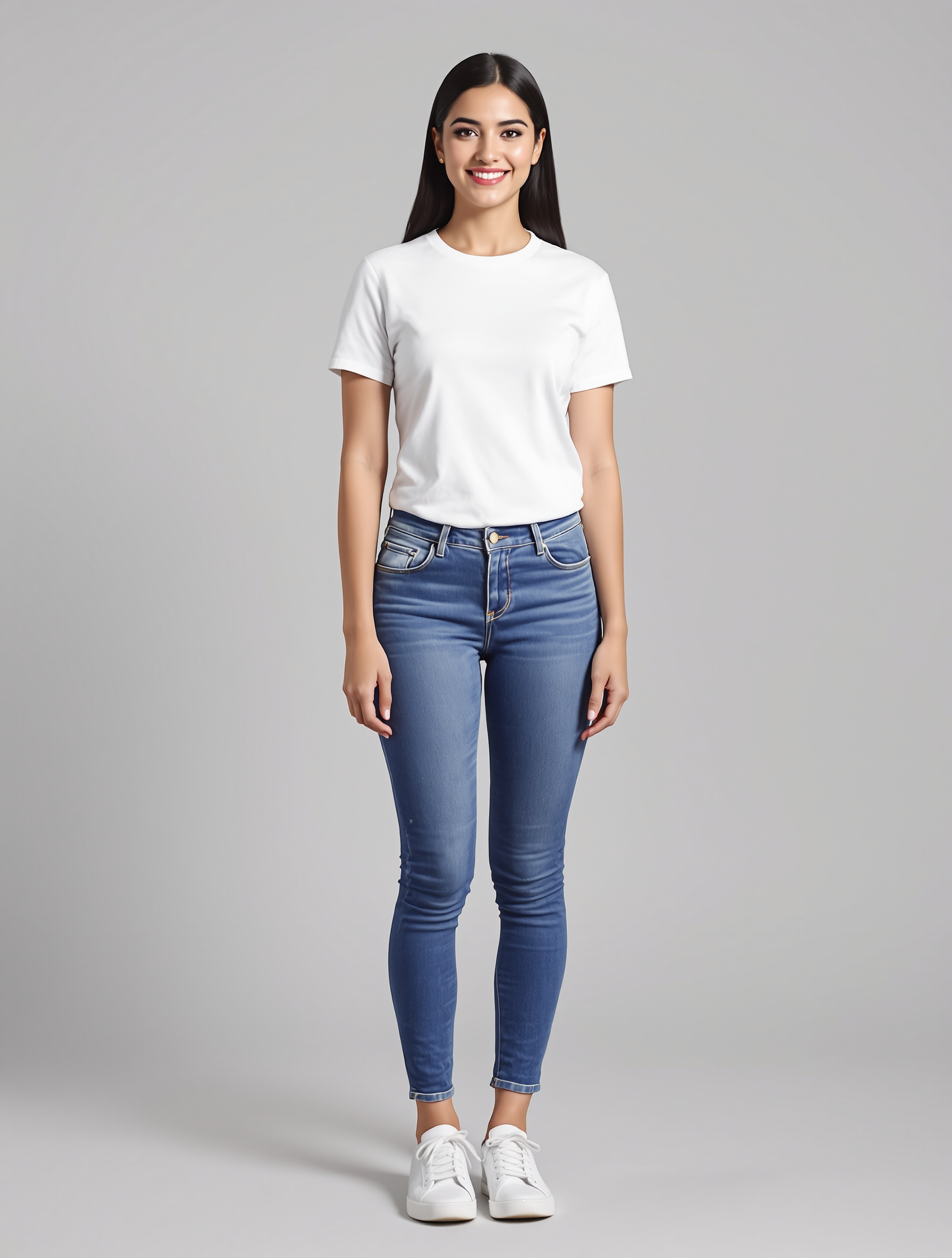 Woman in white t-shirt and blue skinny jeans standing against gray background