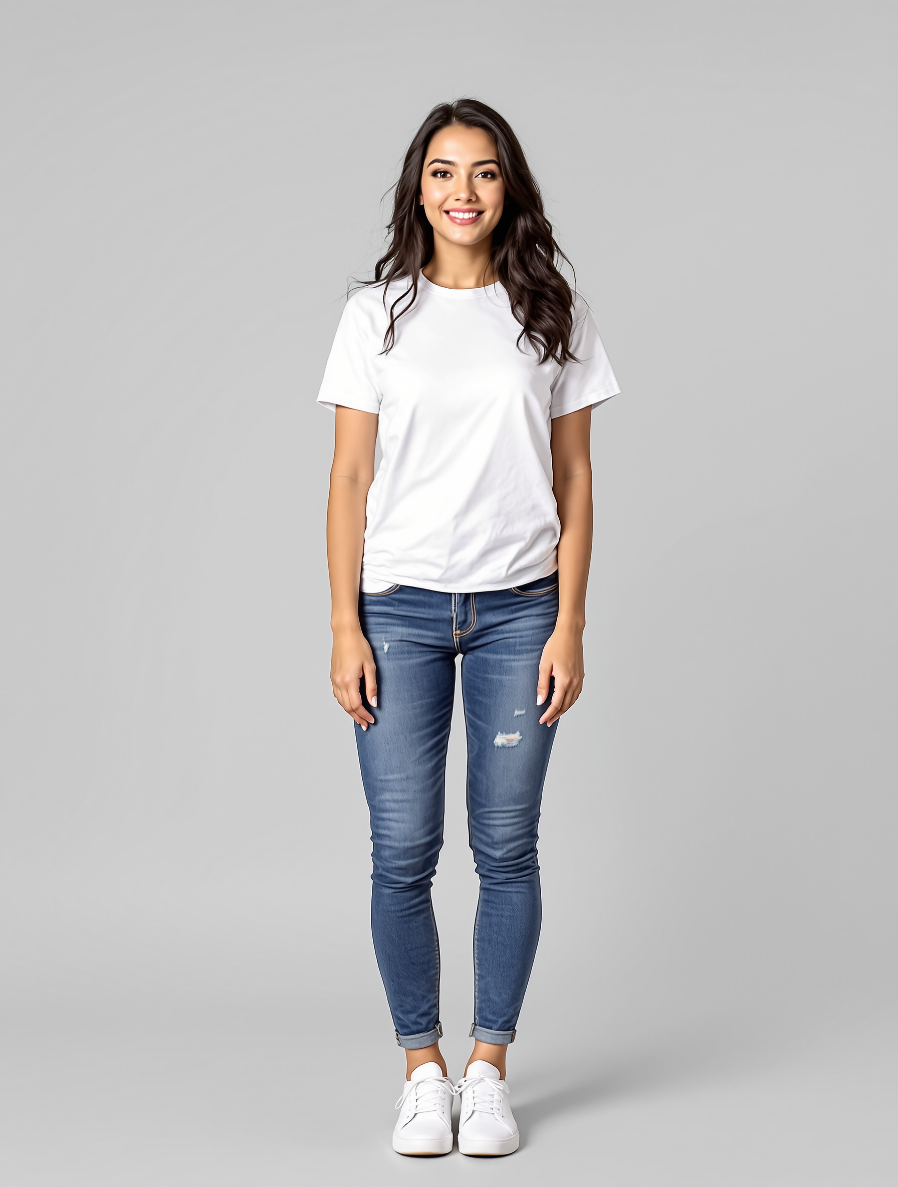 Woman in white t-shirt and distressed blue jeans smiling