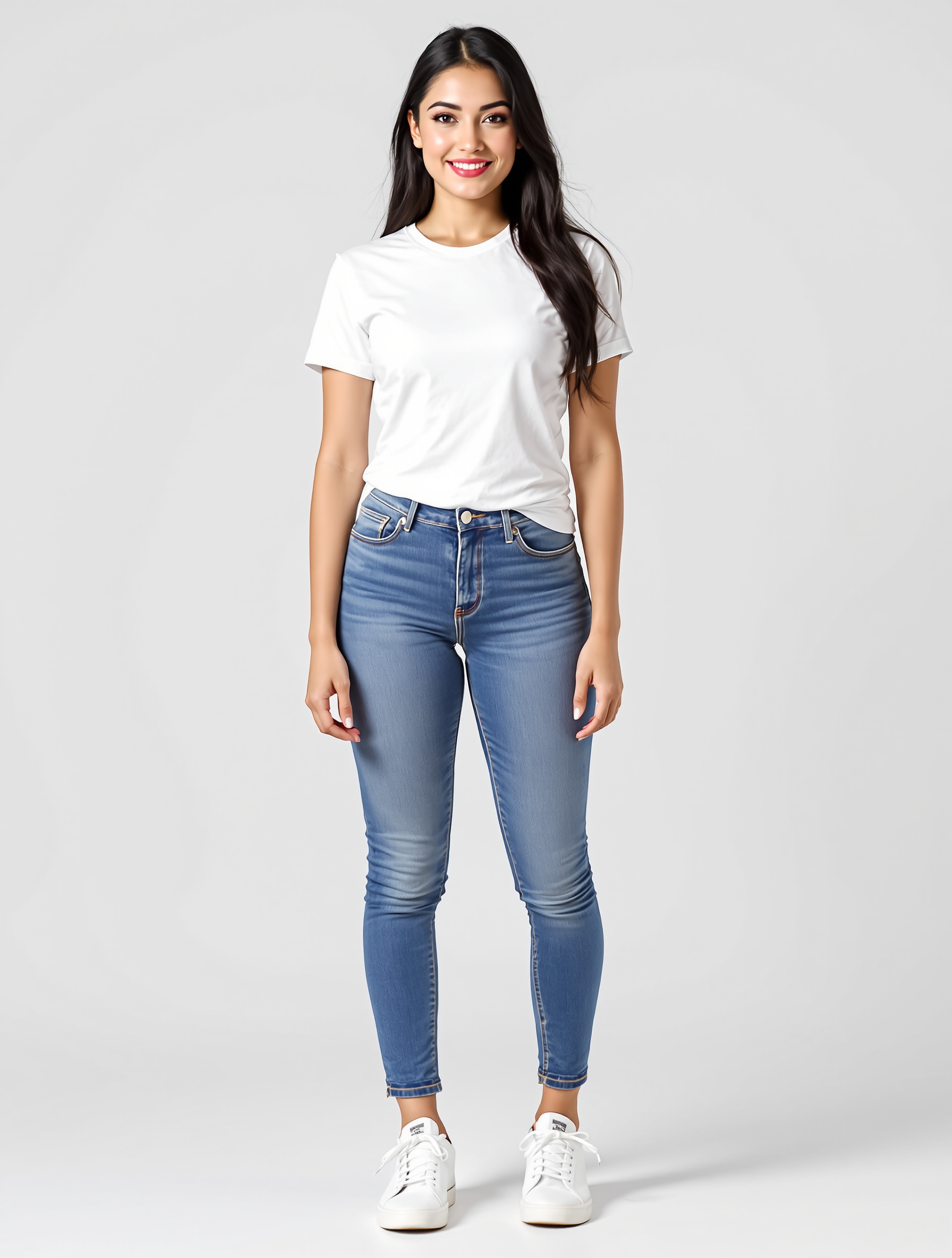 Woman in white t-shirt and blue skinny jeans standing against gray background