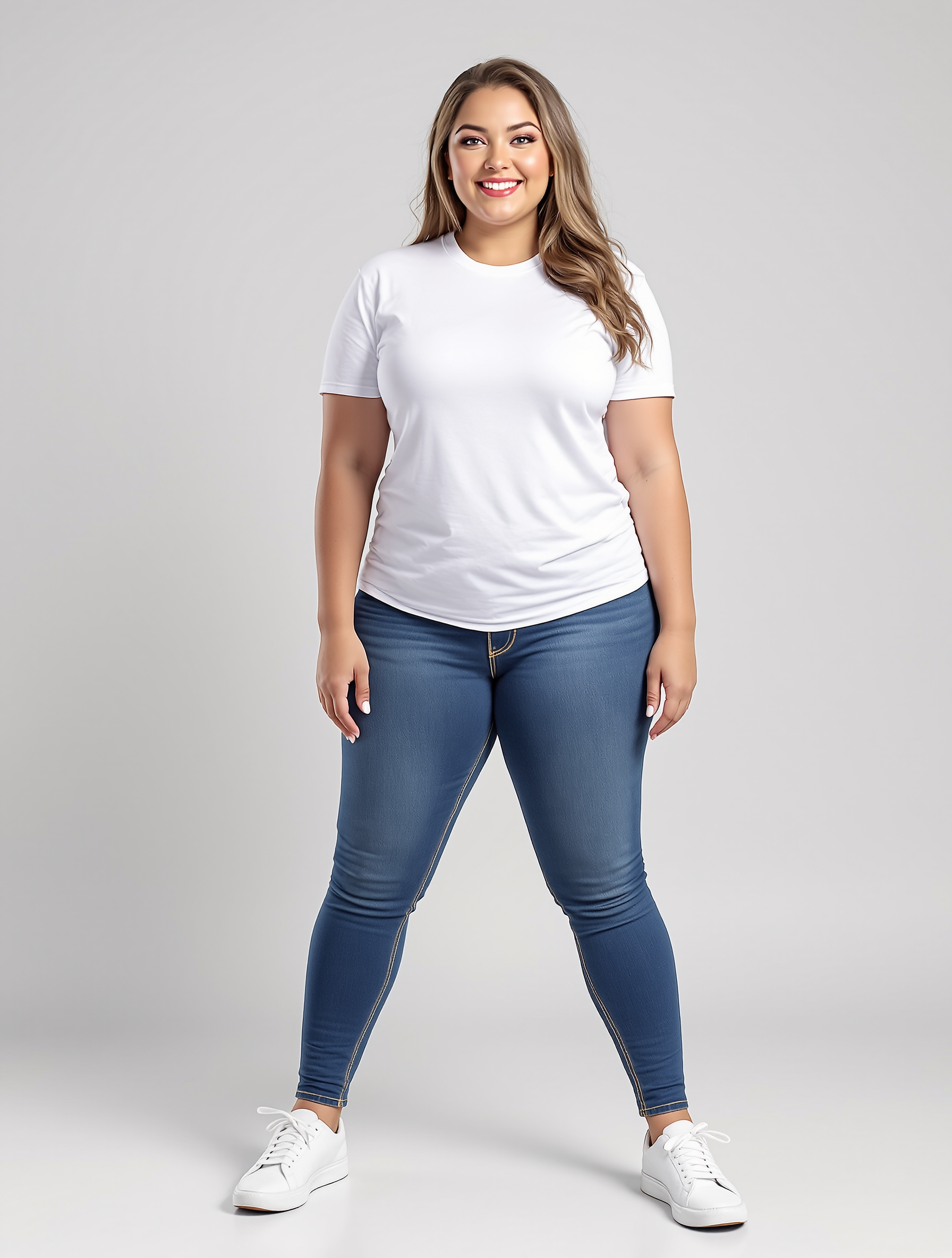 Woman in white t-shirt and blue skinny jeans standing