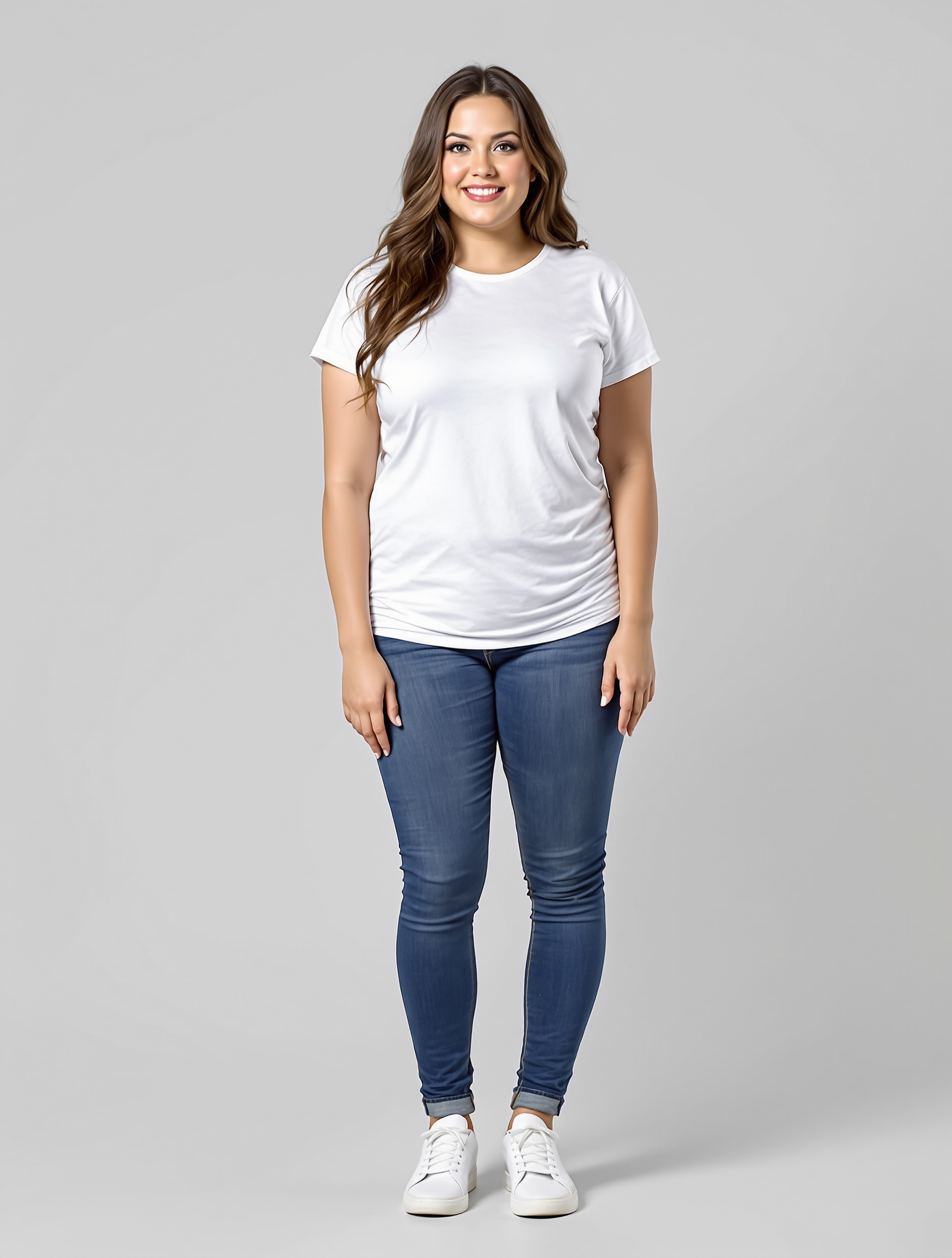 Woman in white t-shirt and blue jeans standing against gray background