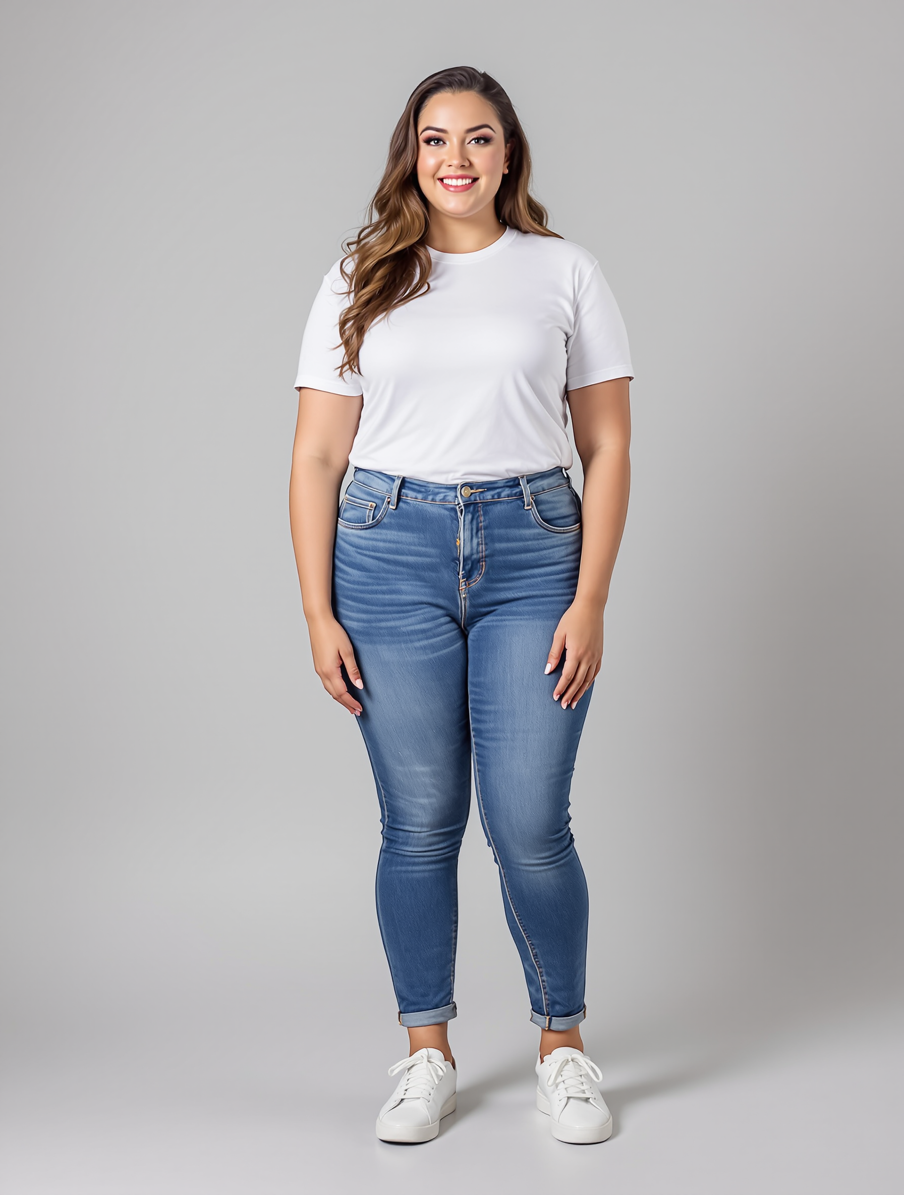 Woman in white t-shirt and cuffed blue jeans with white sneakers