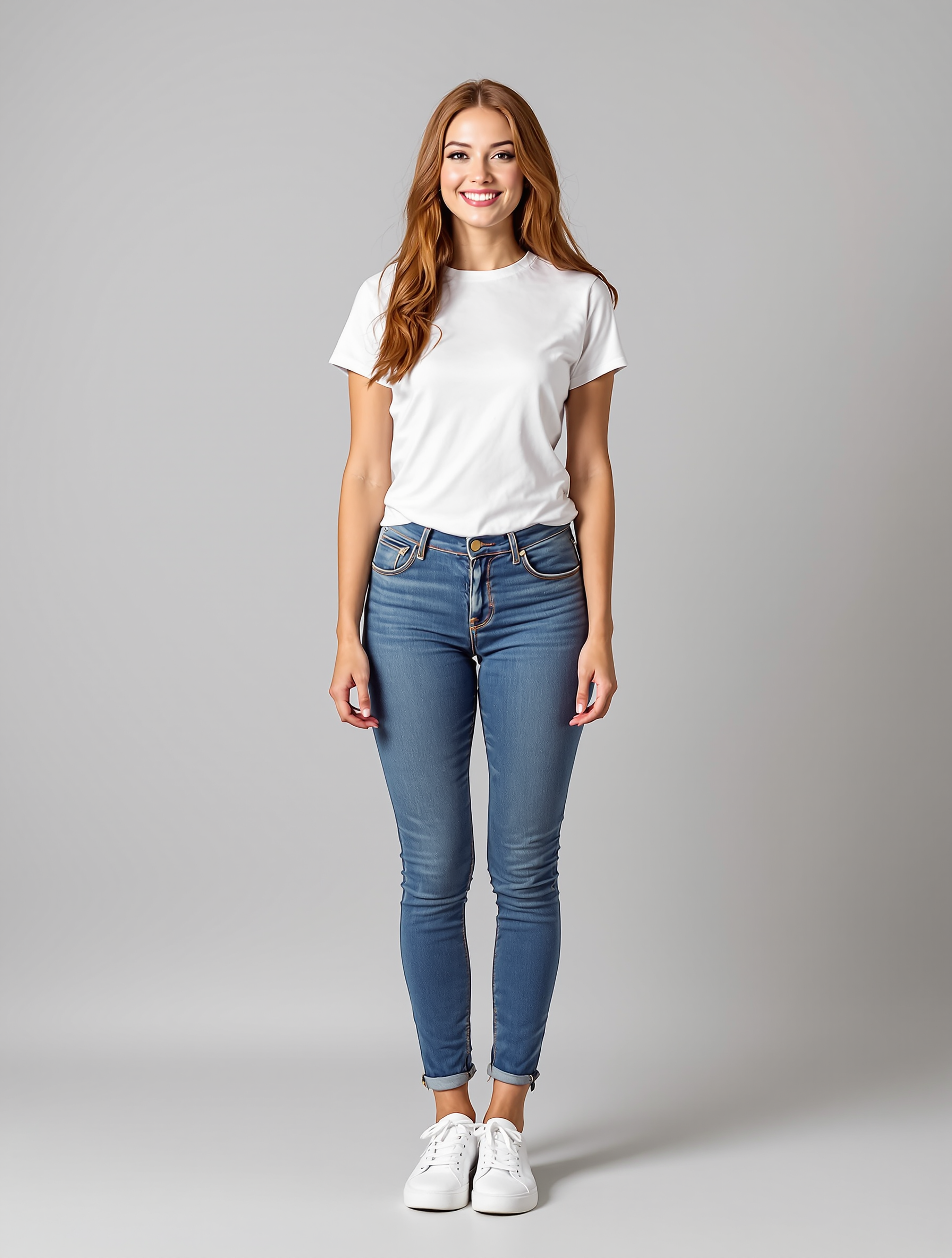 Woman in white t-shirt and rolled blue jeans with white sneakers
