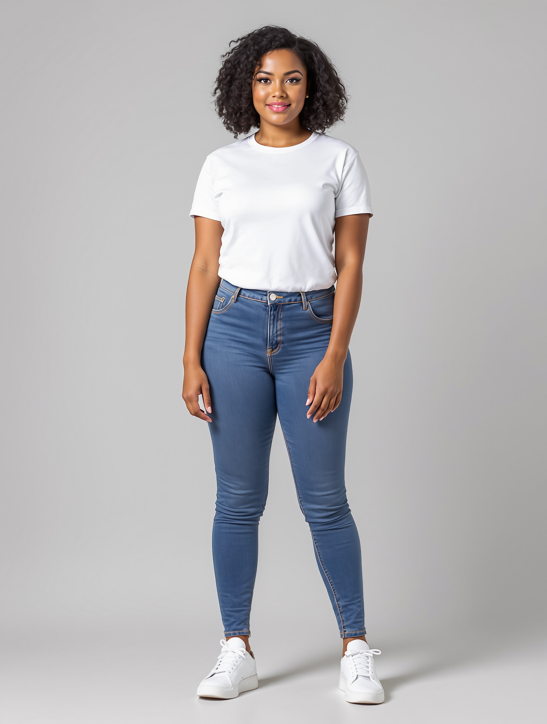 Woman in white t-shirt and blue skinny jeans with white sneakers
