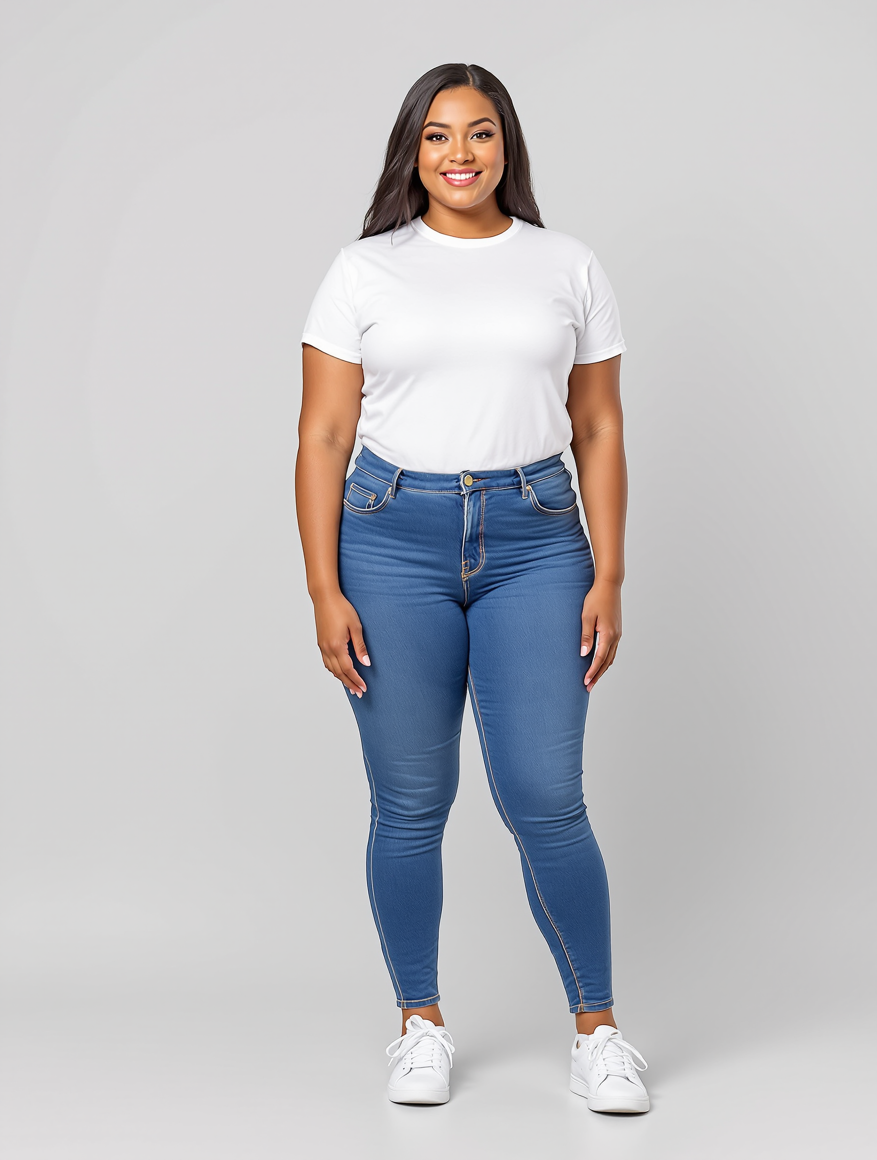 Woman in white t-shirt and blue jeans standing against gray background
