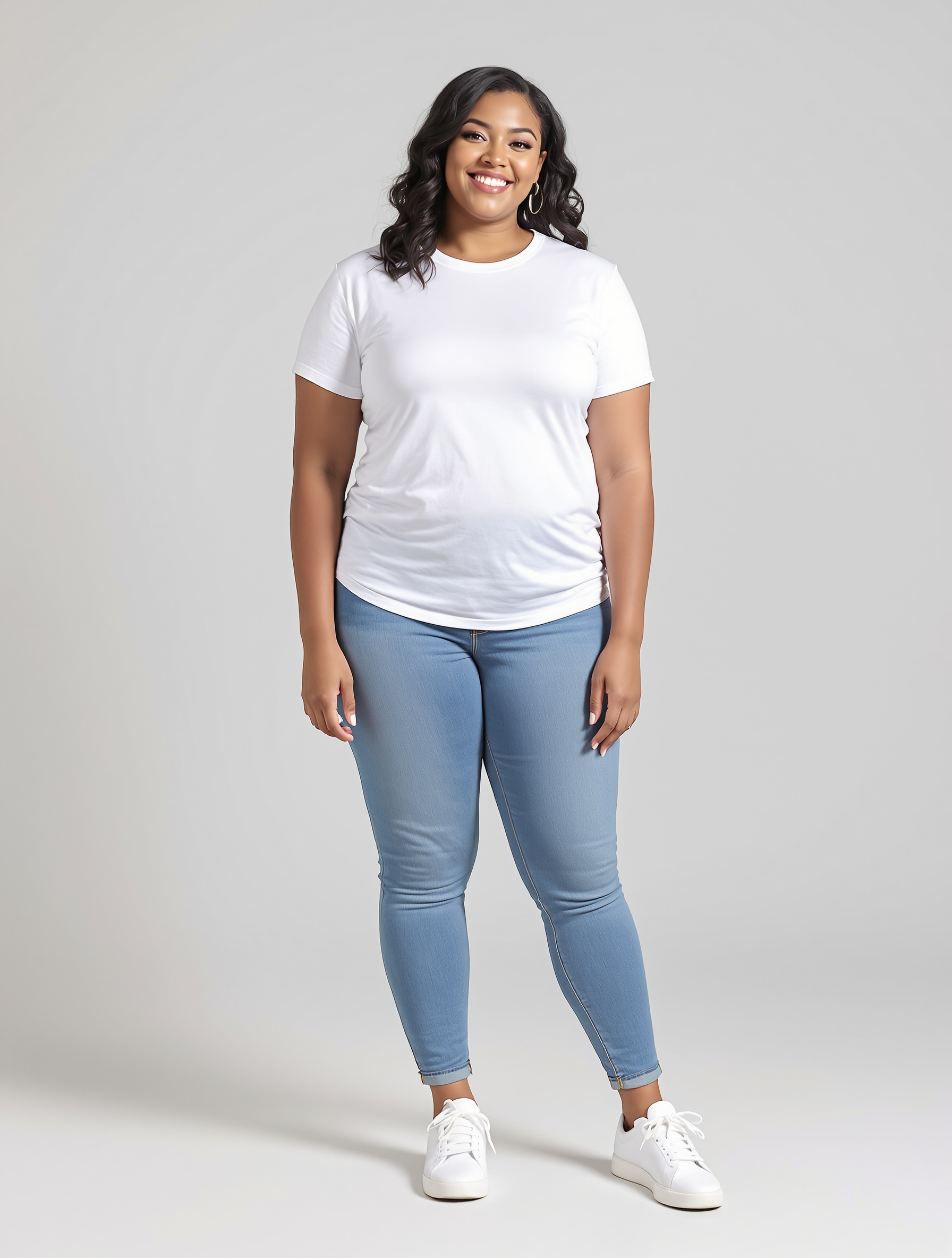 Woman in white t-shirt and light blue jeans smiling at camera