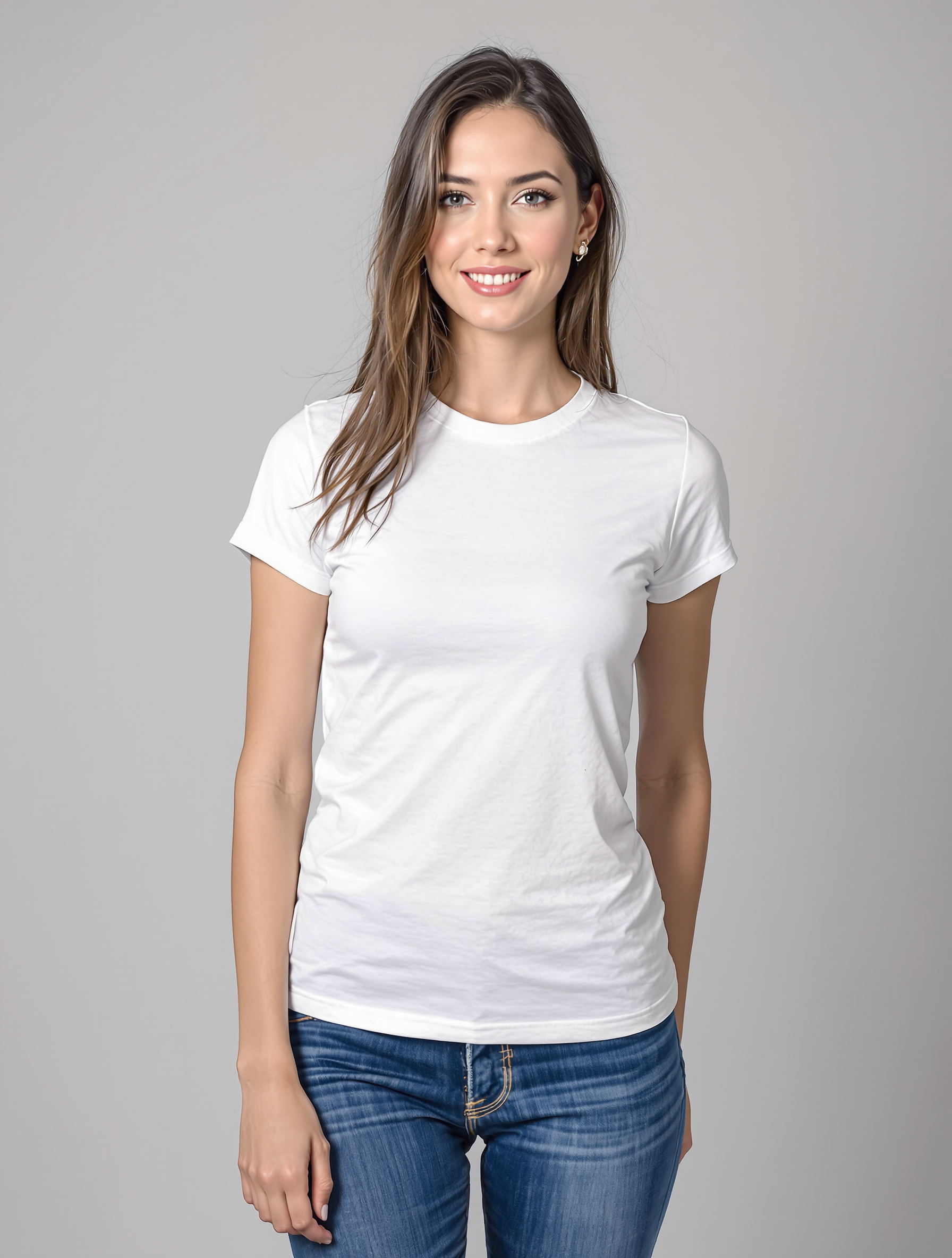 Woman in white crew neck t-shirt and blue jeans smiling