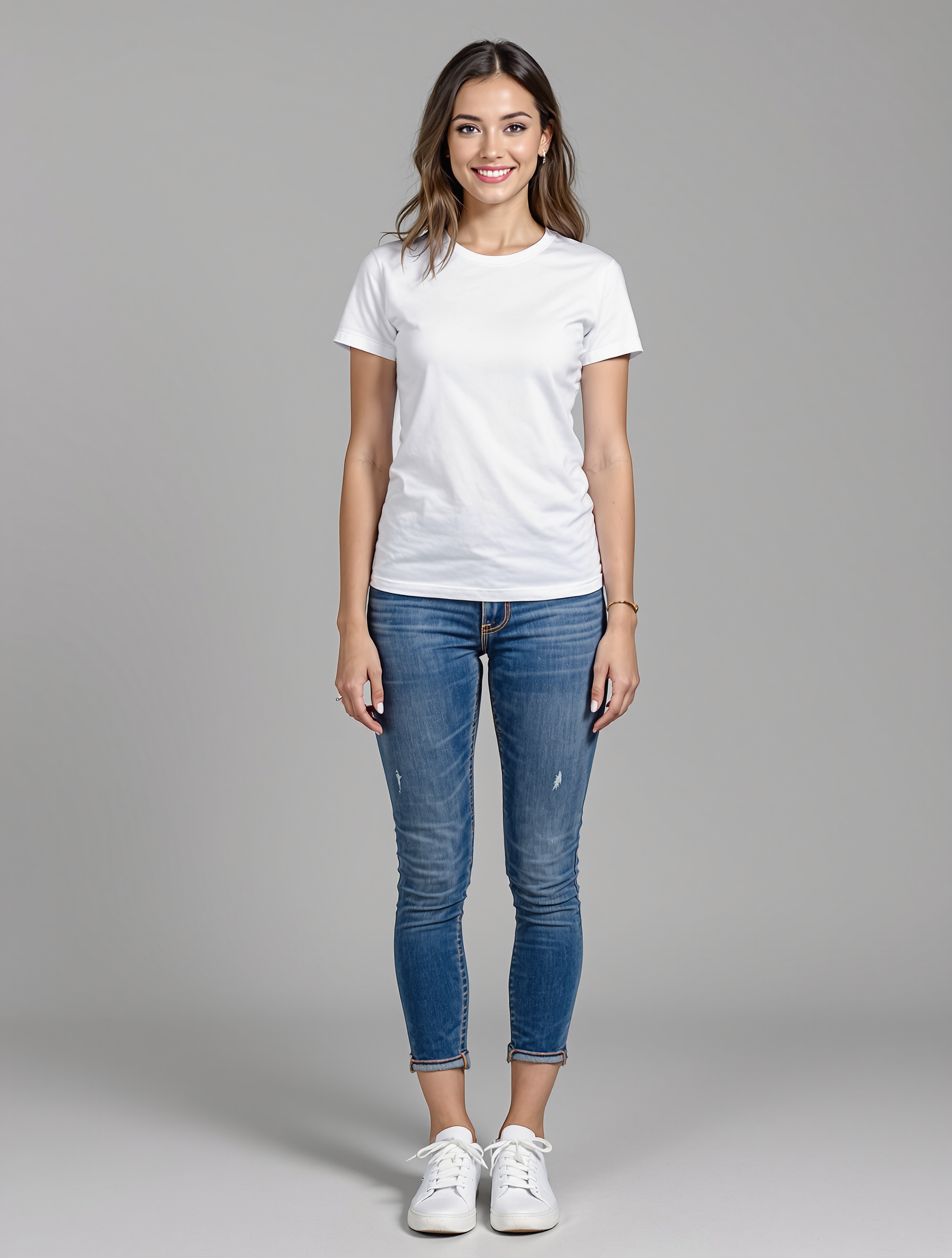 Person in white t-shirt and cuffed blue jeans with white sneakers