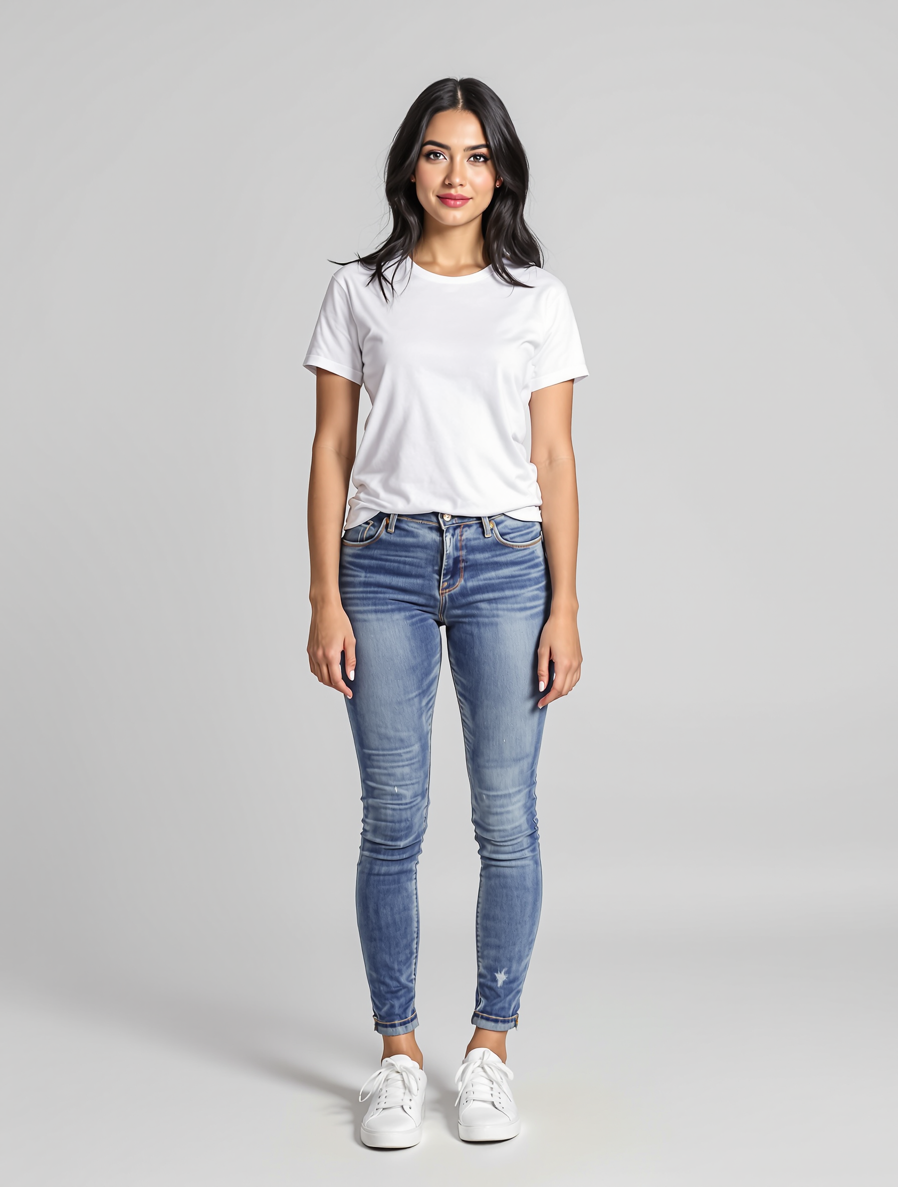 Woman in white t-shirt and distressed blue skinny jeans