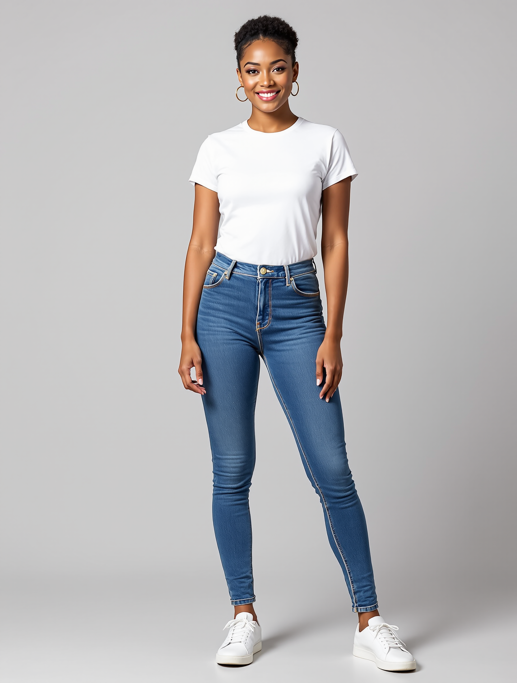 Person in white t-shirt and blue skinny jeans with white sneakers