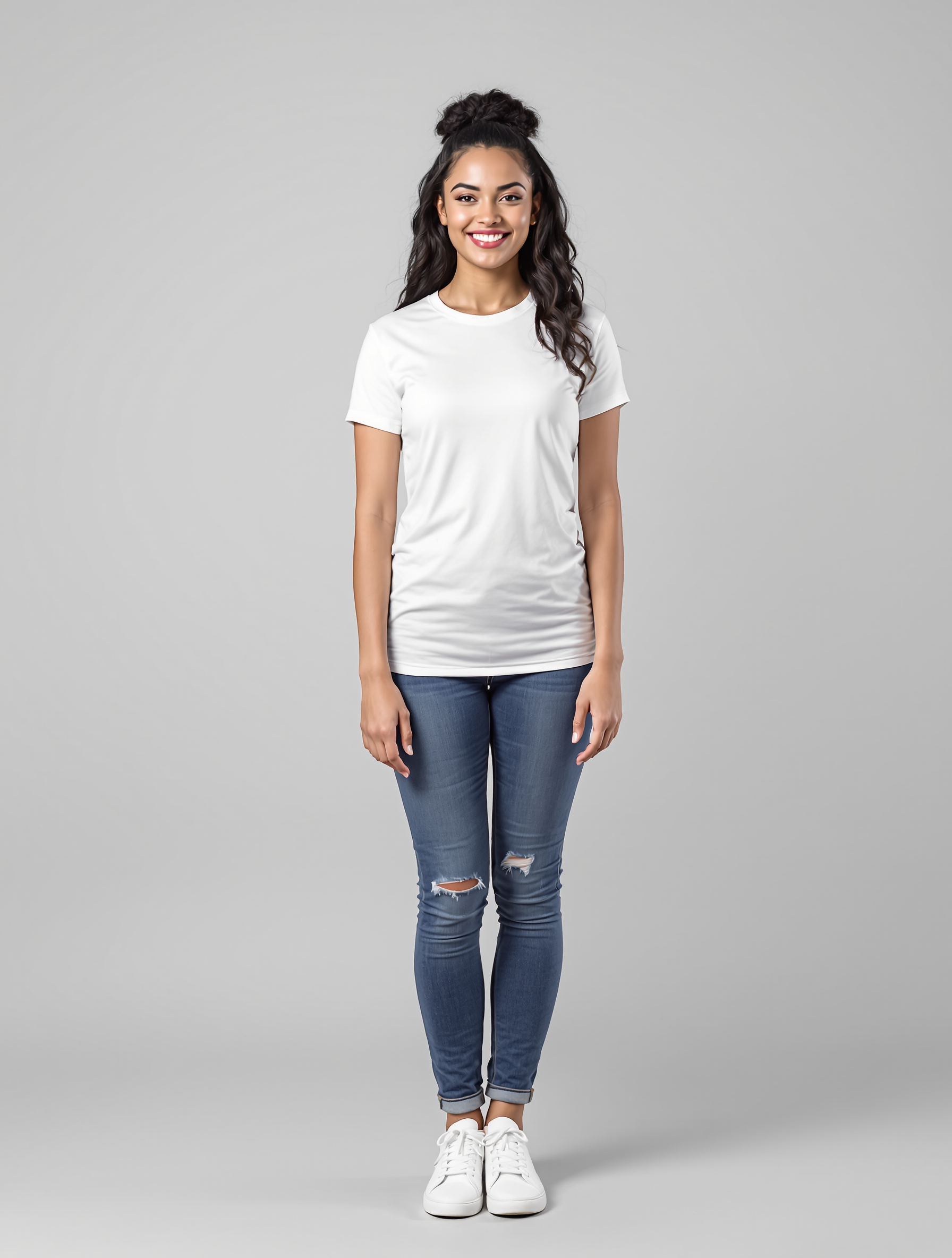 Person in white t-shirt and distressed blue jeans