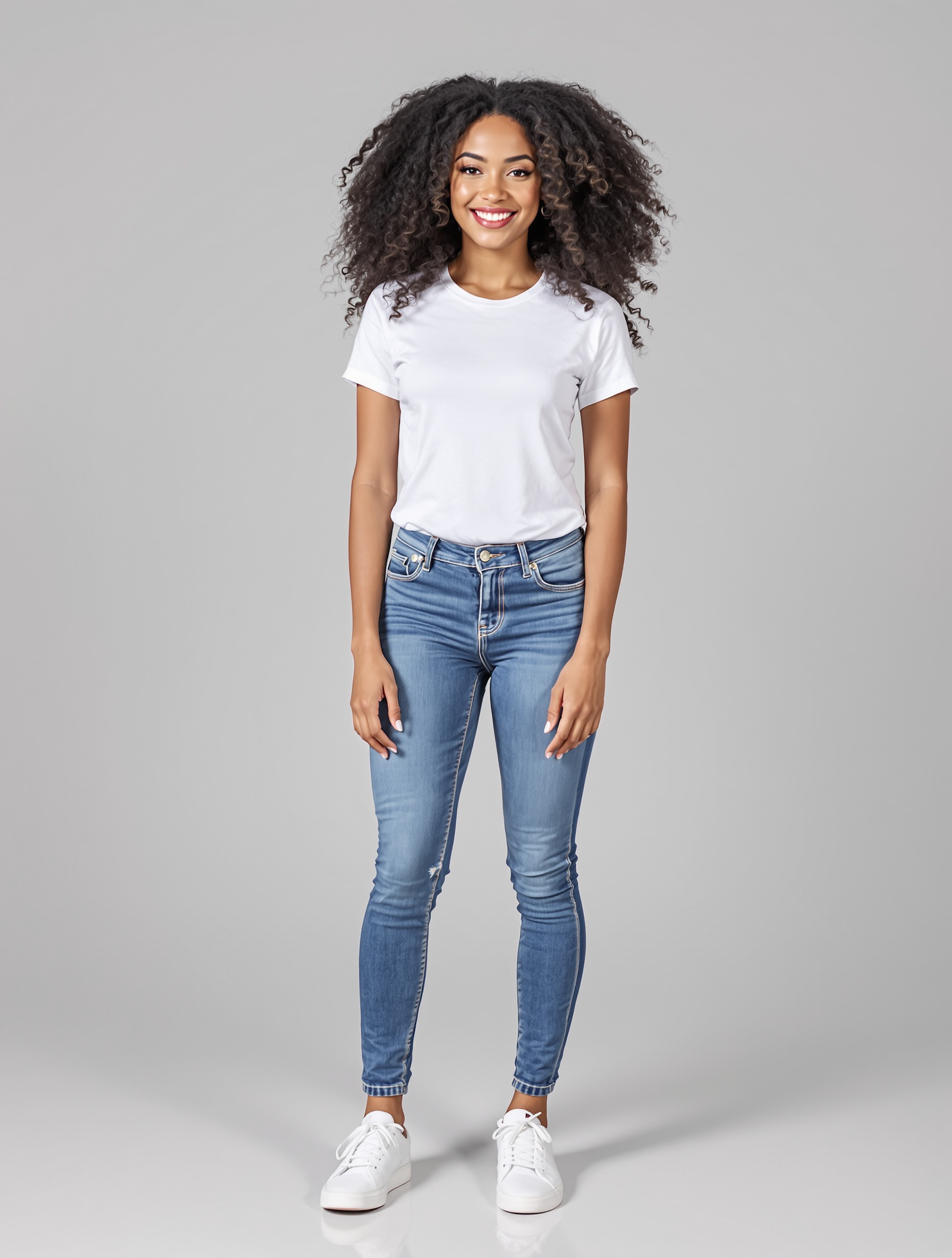 Person in white tee and blue skinny jeans with white sneakers