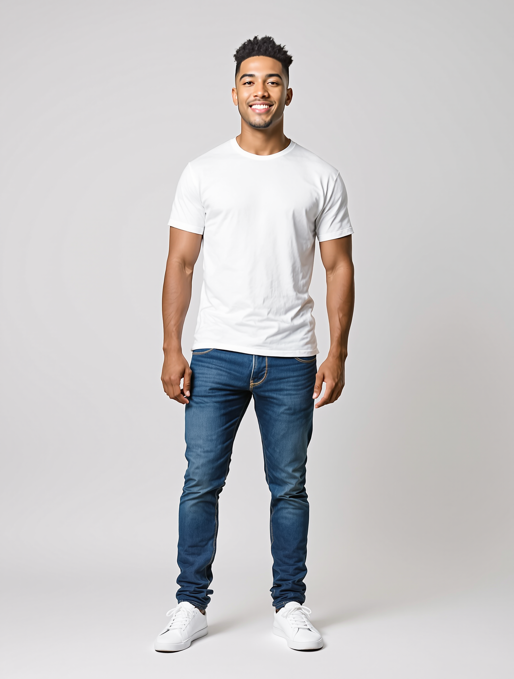 Man in white t-shirt and dark jeans standing against gray background