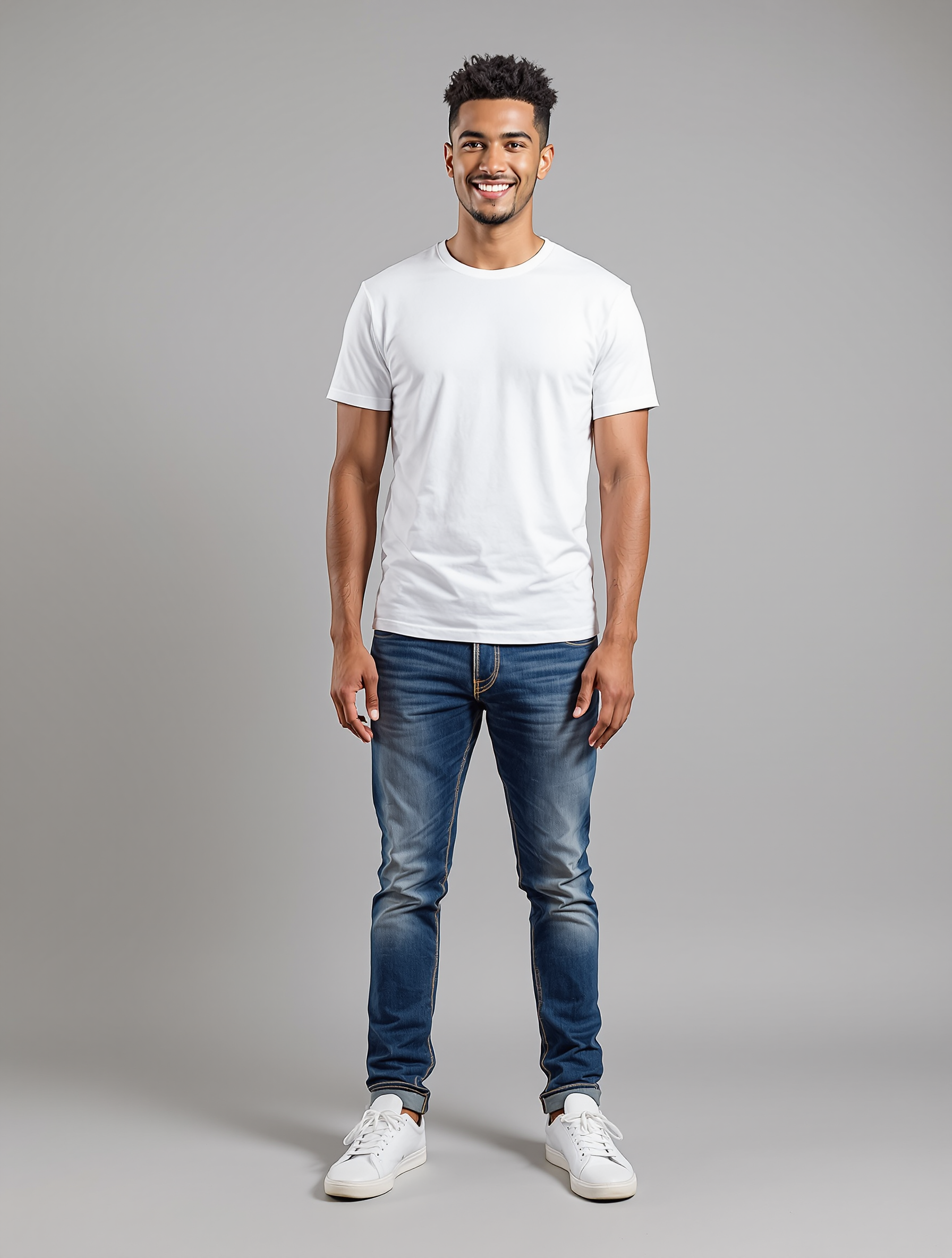 Man in white crew neck t-shirt and dark jeans standing against gray background