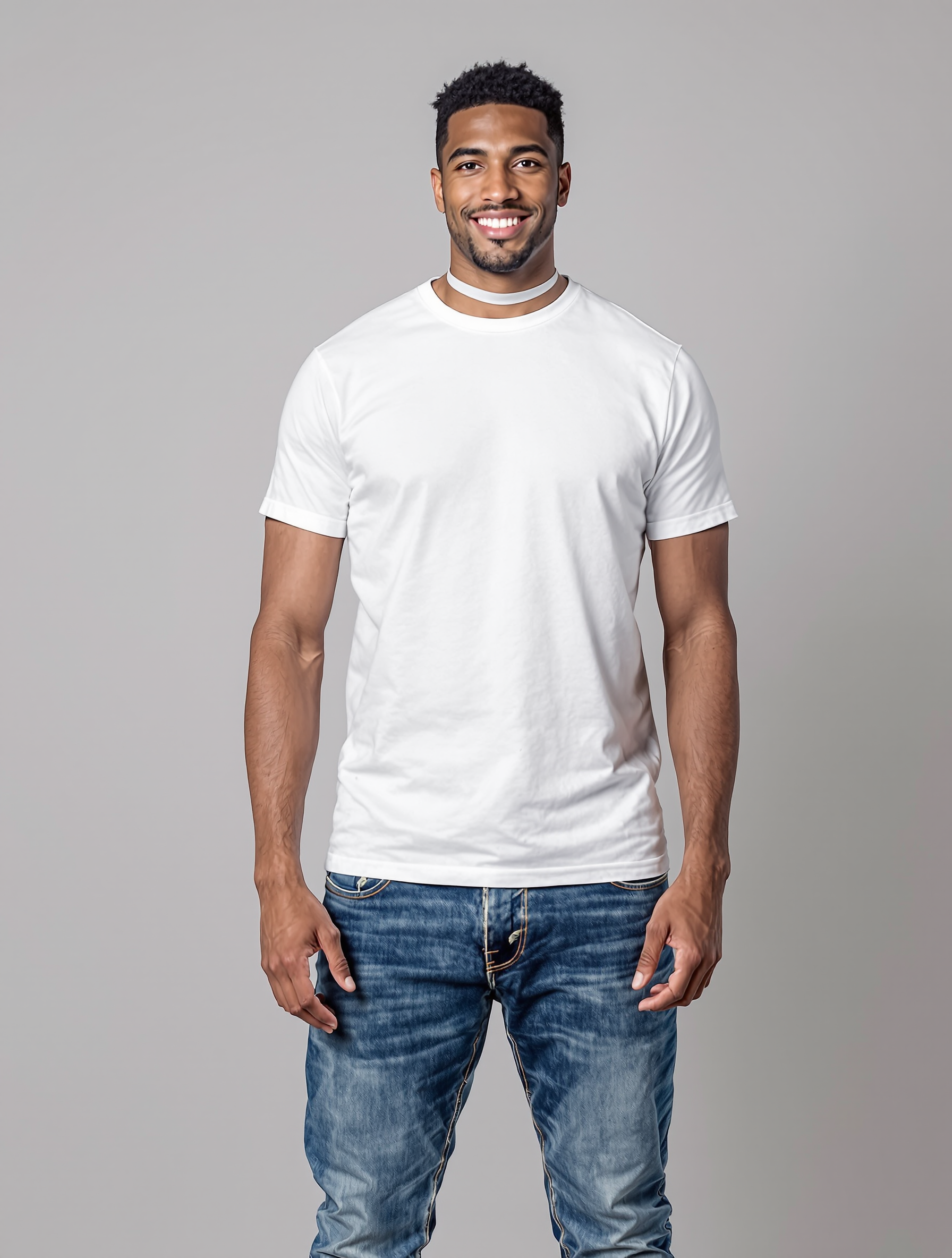Man in white crew neck t-shirt and blue jeans smiling at camera