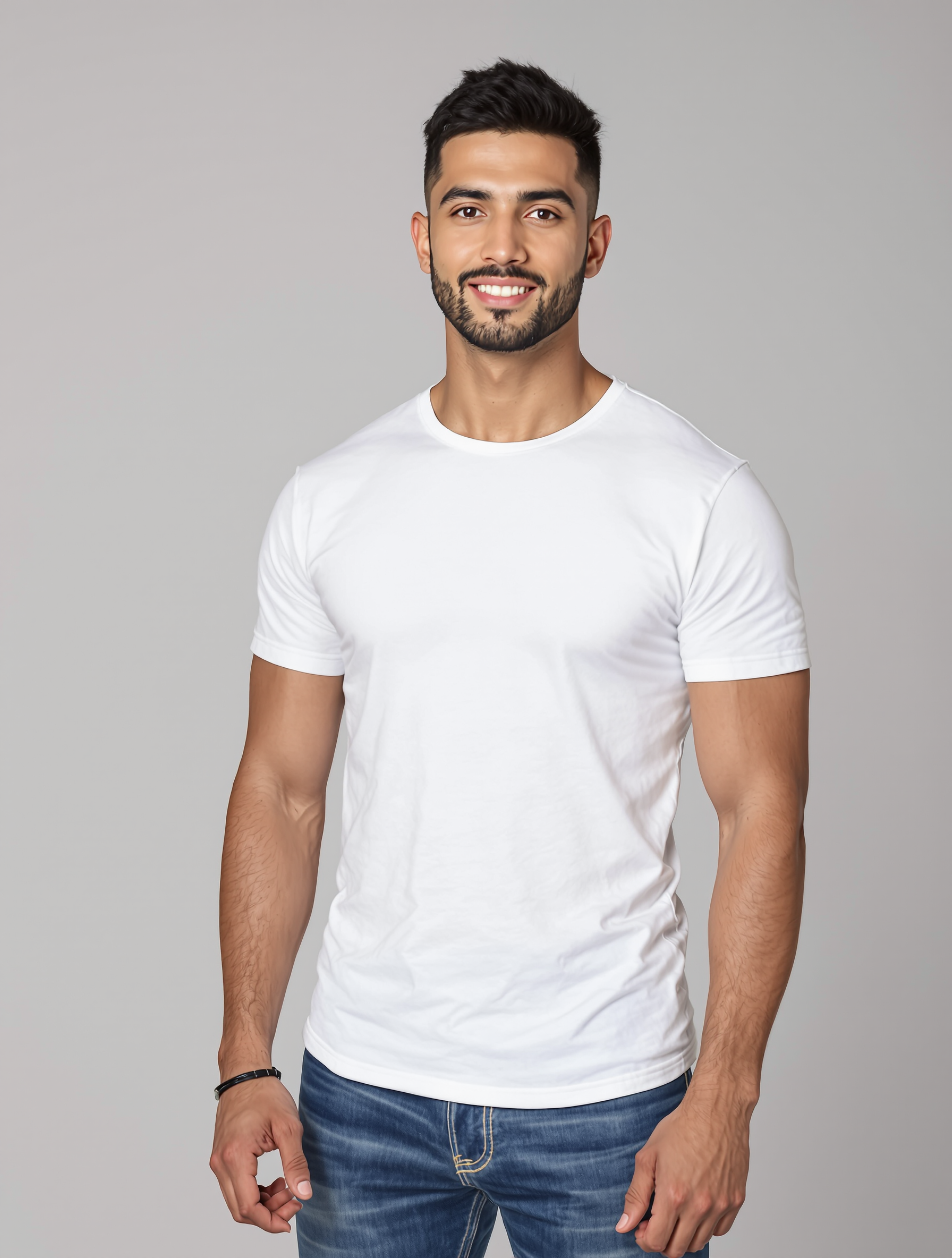 Man in white crew neck t-shirt and blue jeans smiling