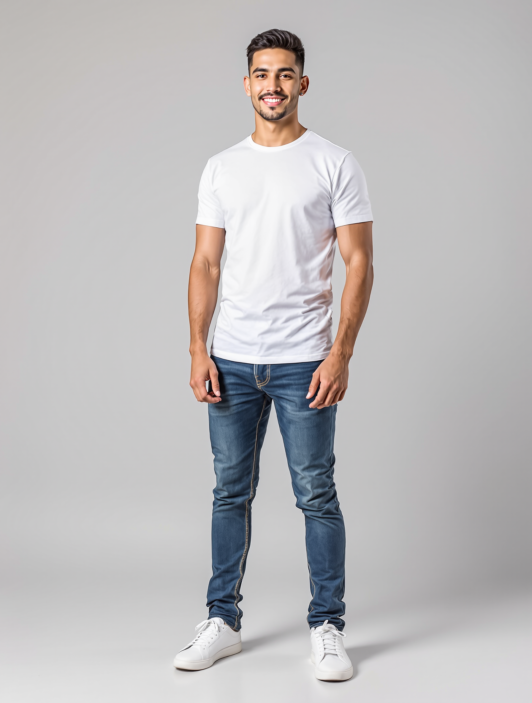 Man in white t-shirt and blue jeans with white sneakers
