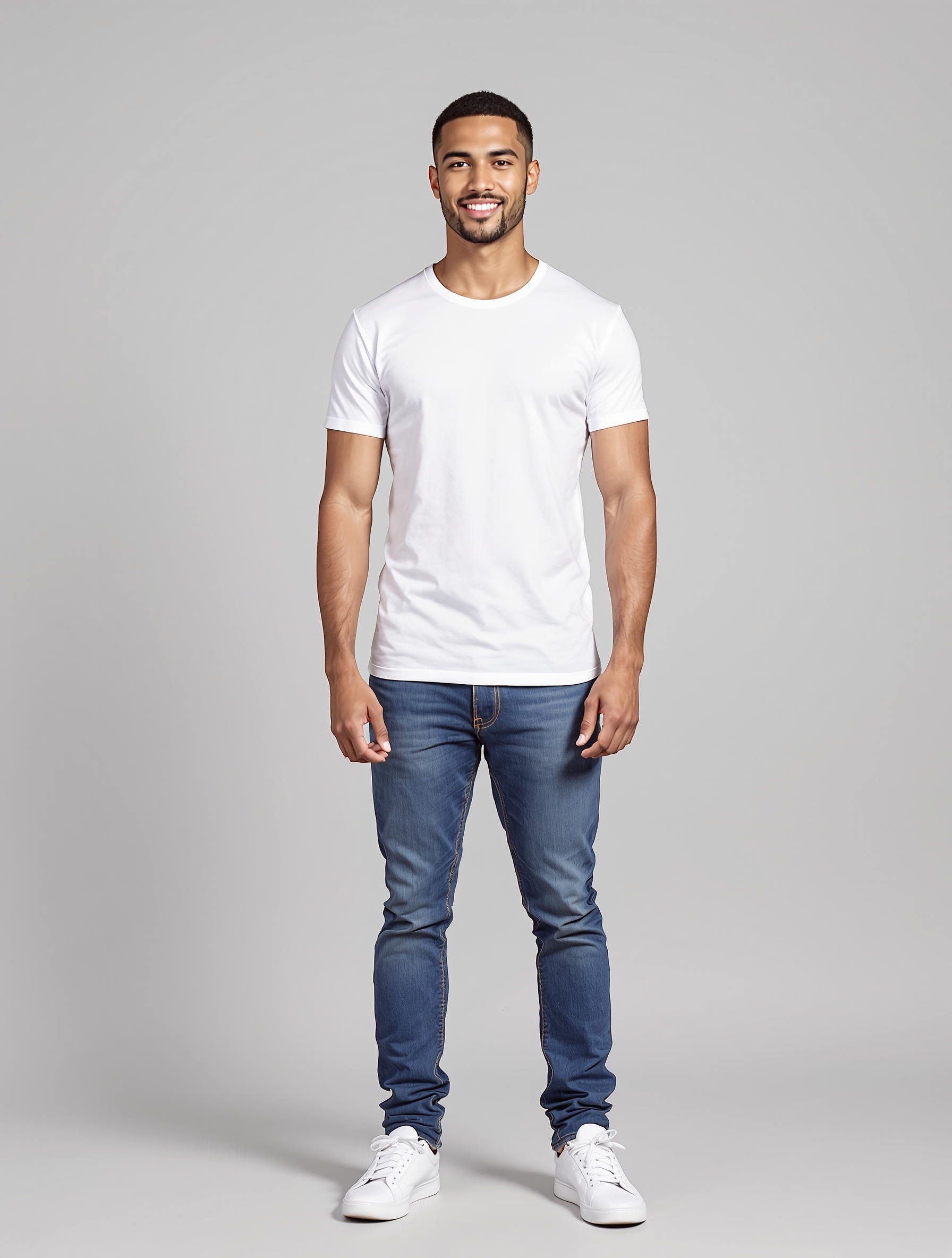 Man in white t-shirt and dark jeans smiling at camera