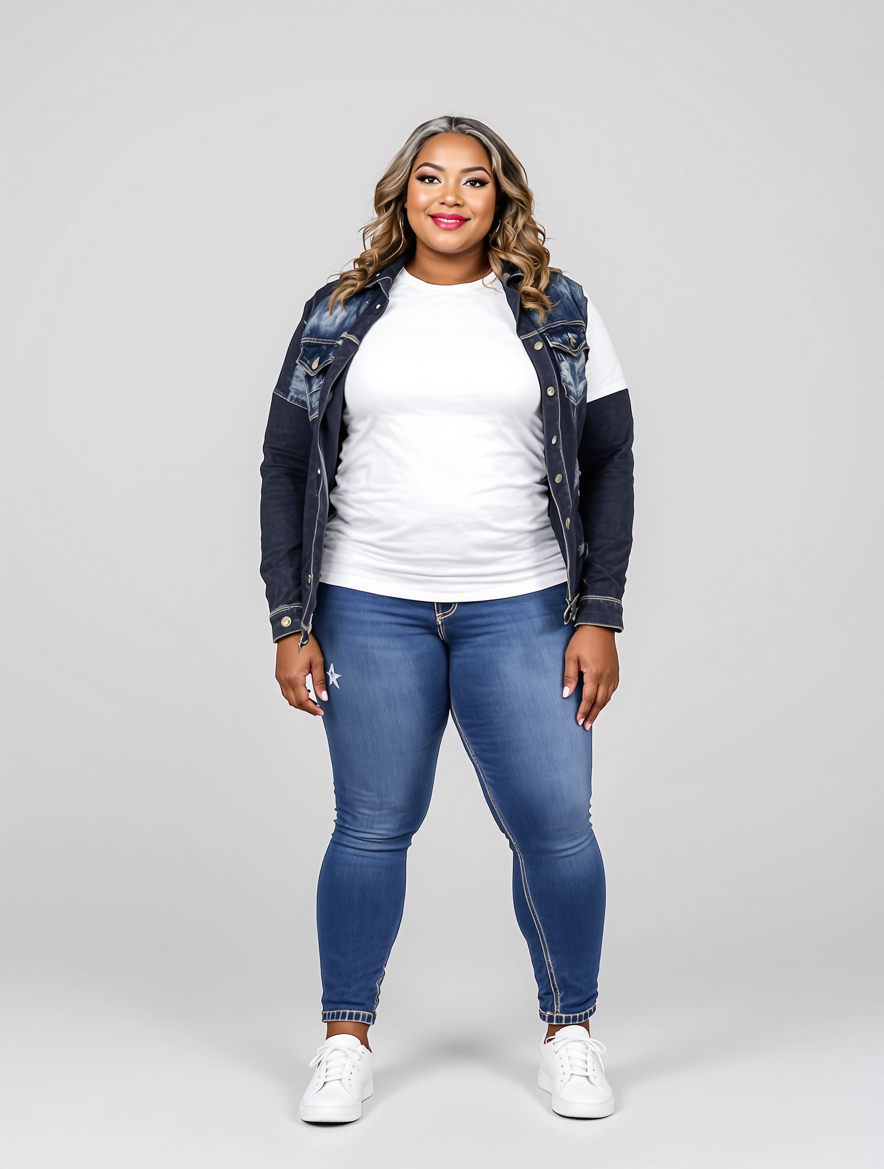 Woman in denim jacket, white tee, and blue jeans with white sneakers
