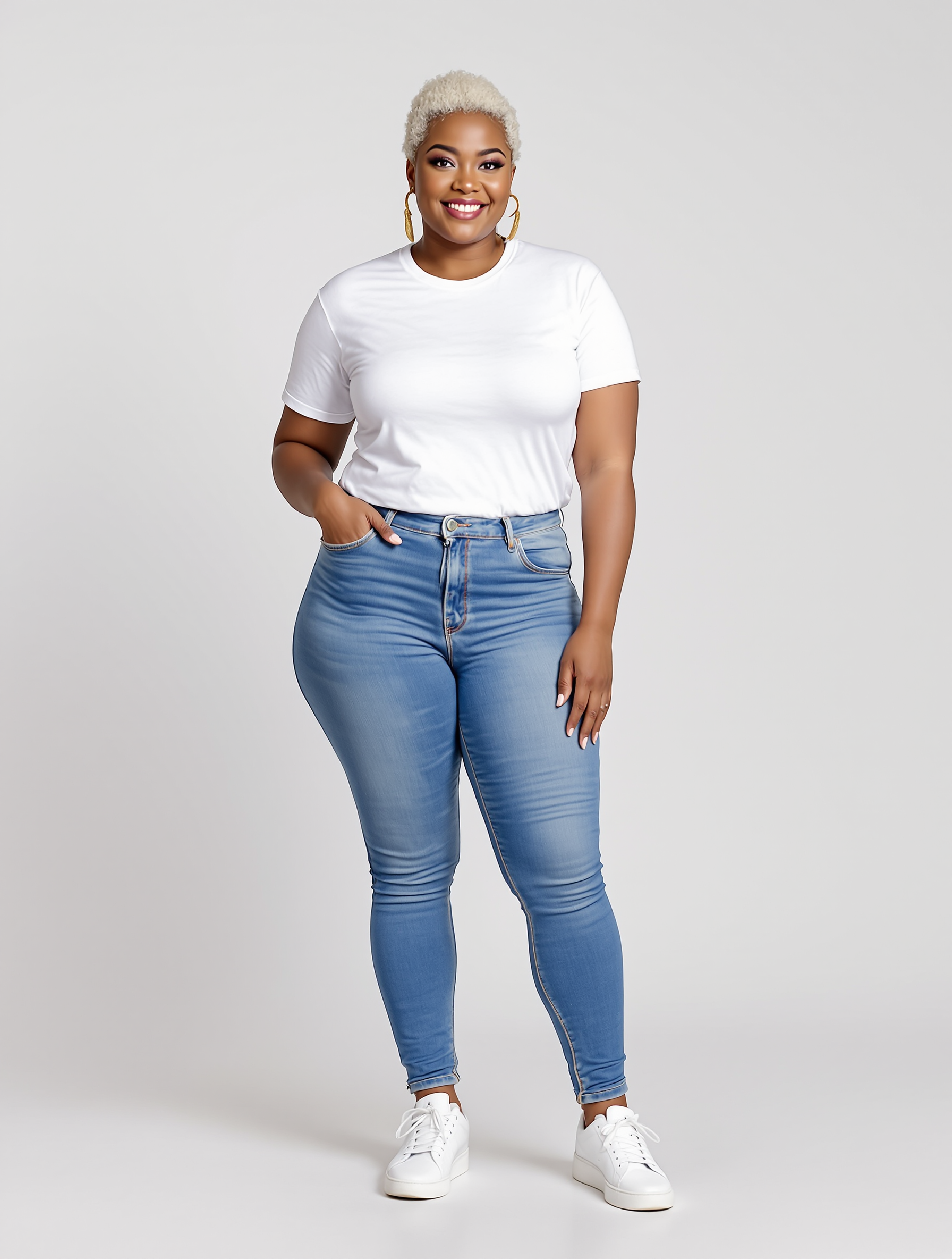 Woman in white t-shirt and blue skinny jeans posing