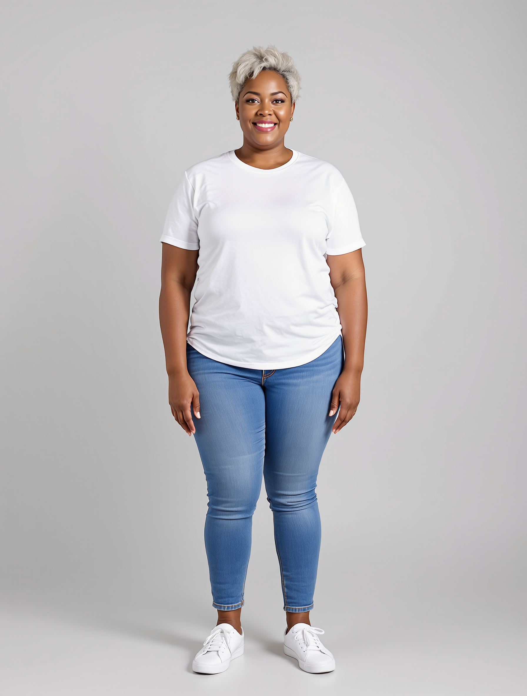Person with short gray hair wearing white t-shirt and blue jeans