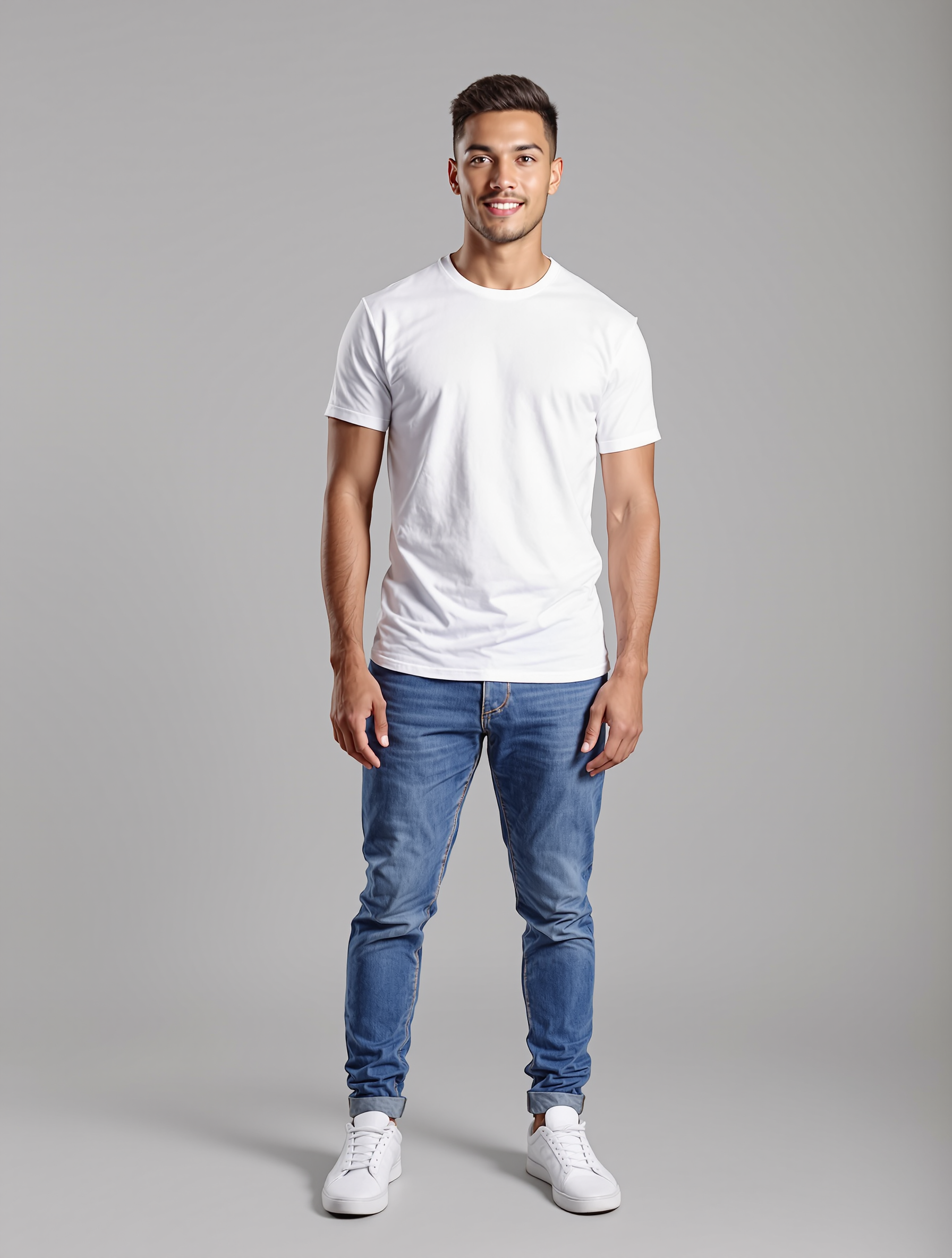 Man in white t-shirt and blue jeans standing against gray background
