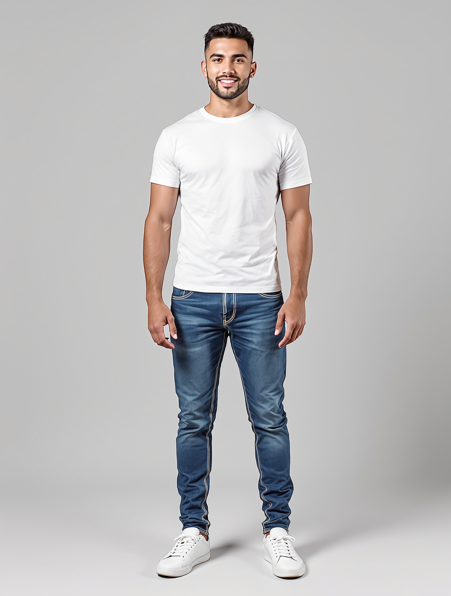 Man in white t-shirt and blue jeans with white sneakers