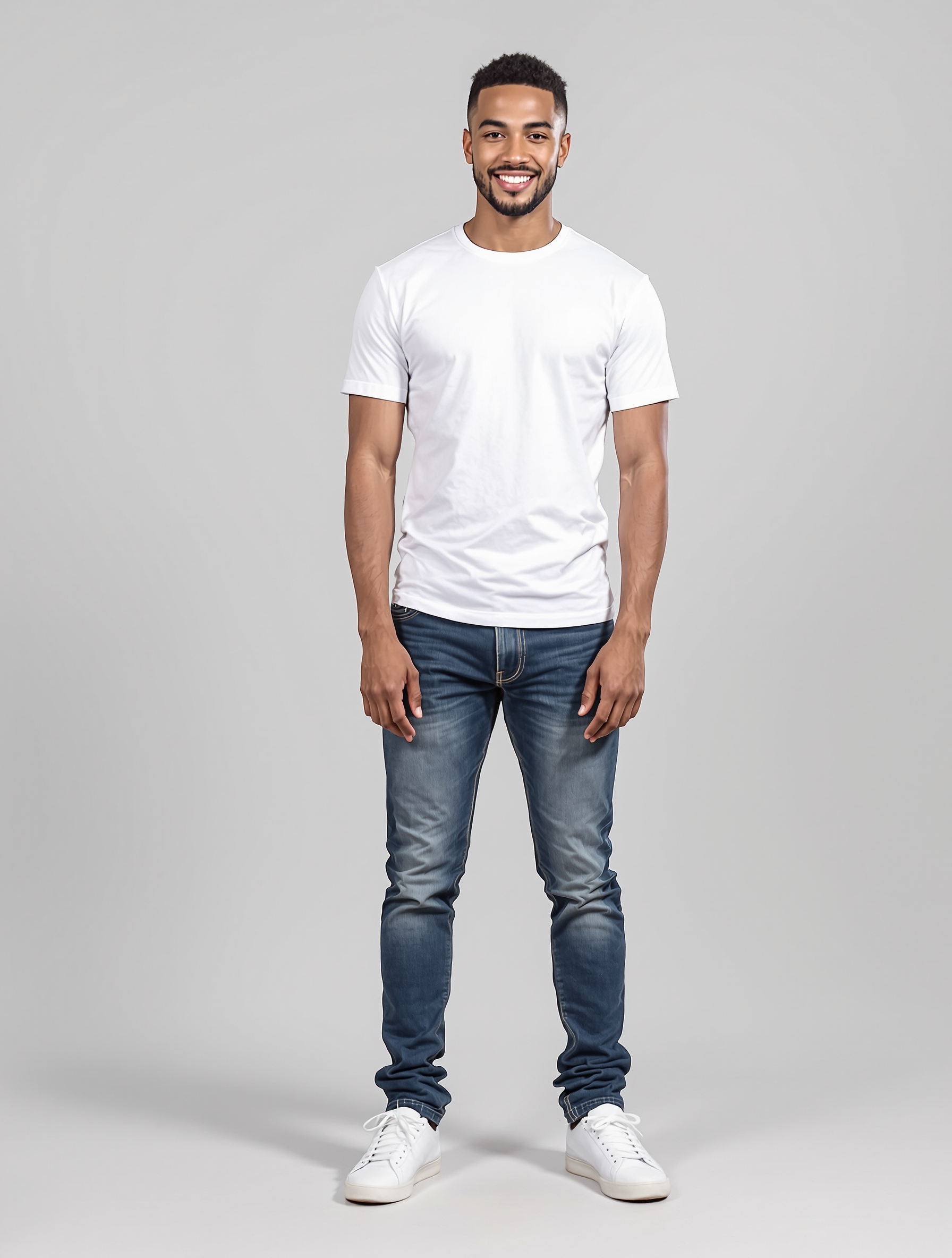 Man in white t-shirt and dark jeans smiling at camera