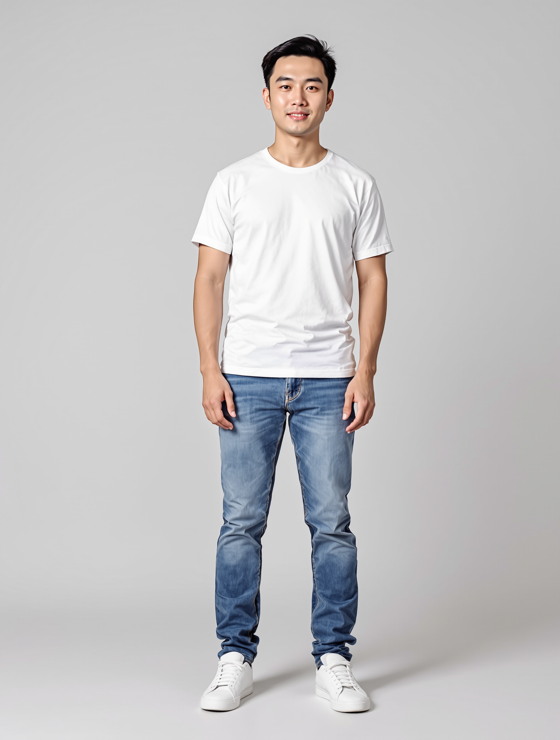 Man in white t-shirt and blue jeans standing against gray background