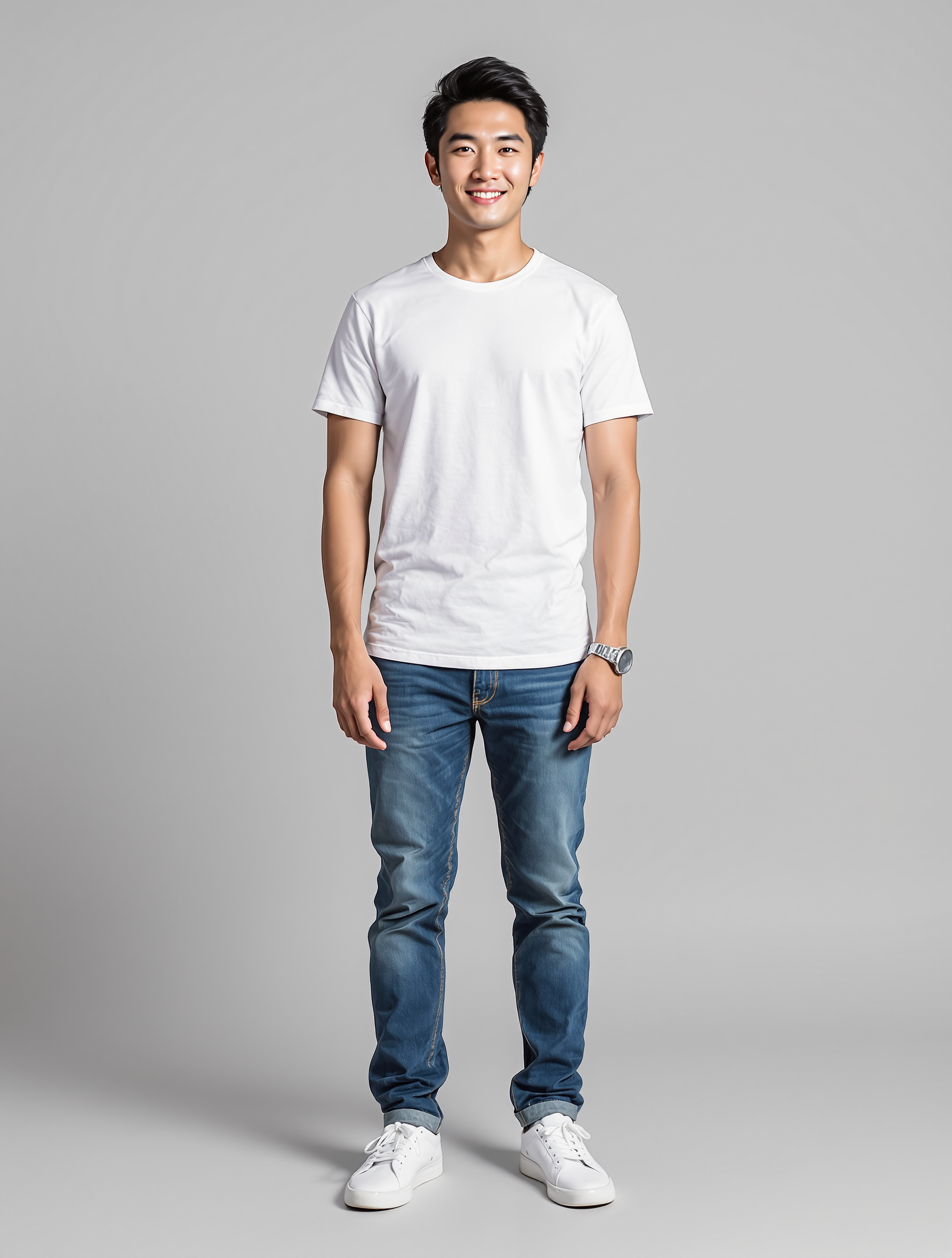 Person in white t-shirt and blue jeans with white sneakers