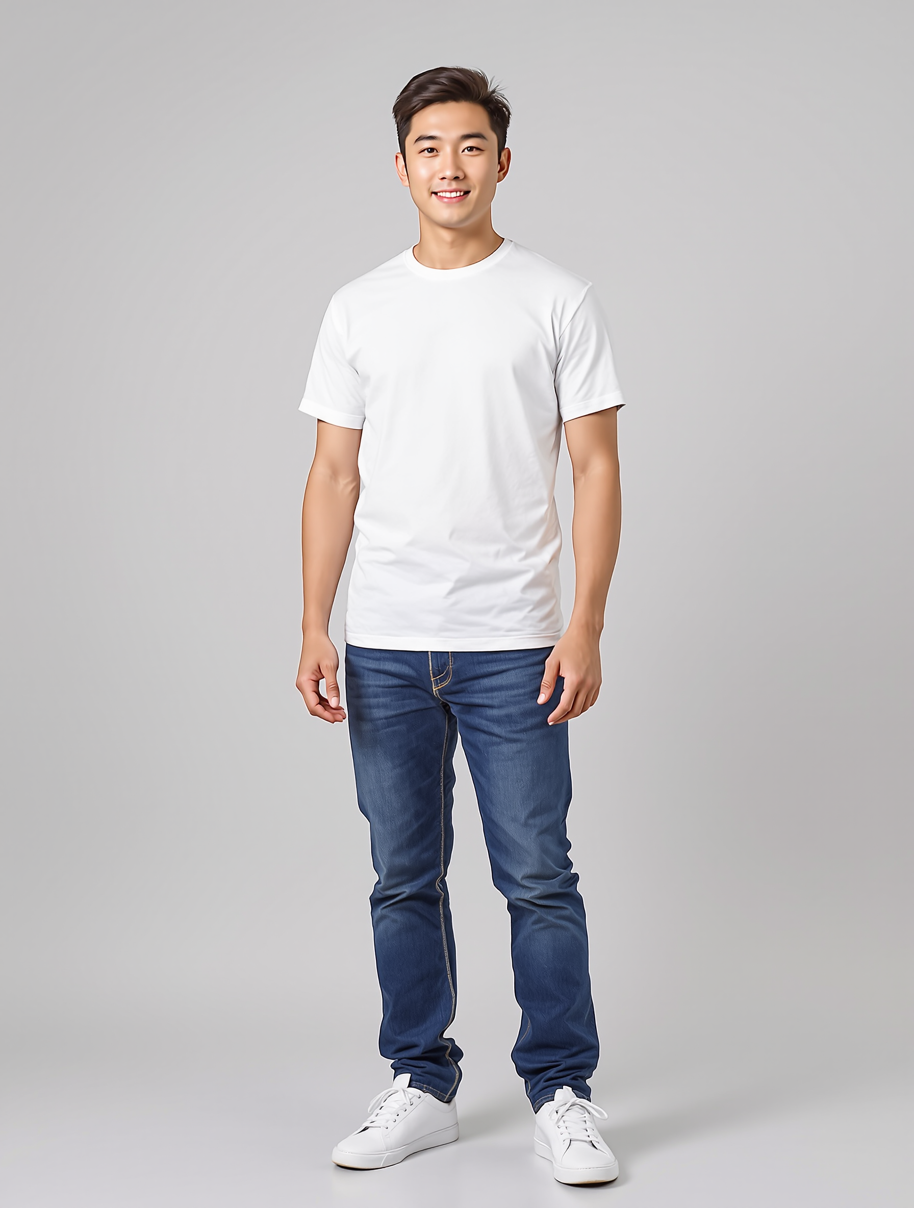 Man in white t-shirt and dark jeans standing against gray background