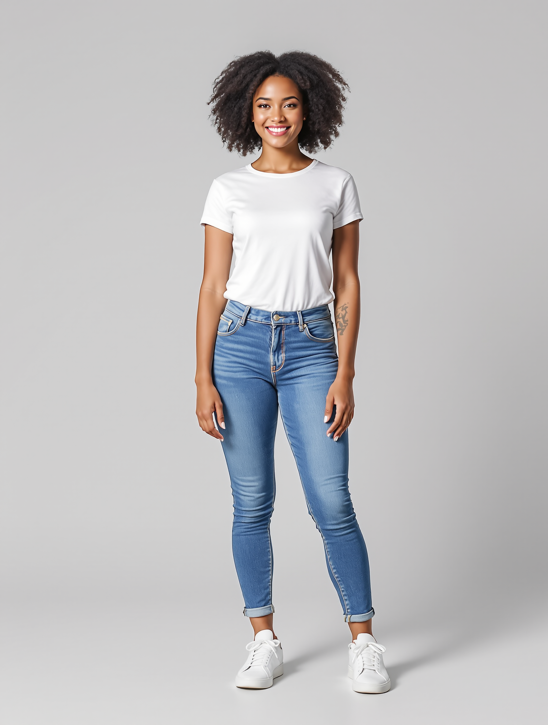 Person in white tee and blue skinny jeans with rolled cuffs