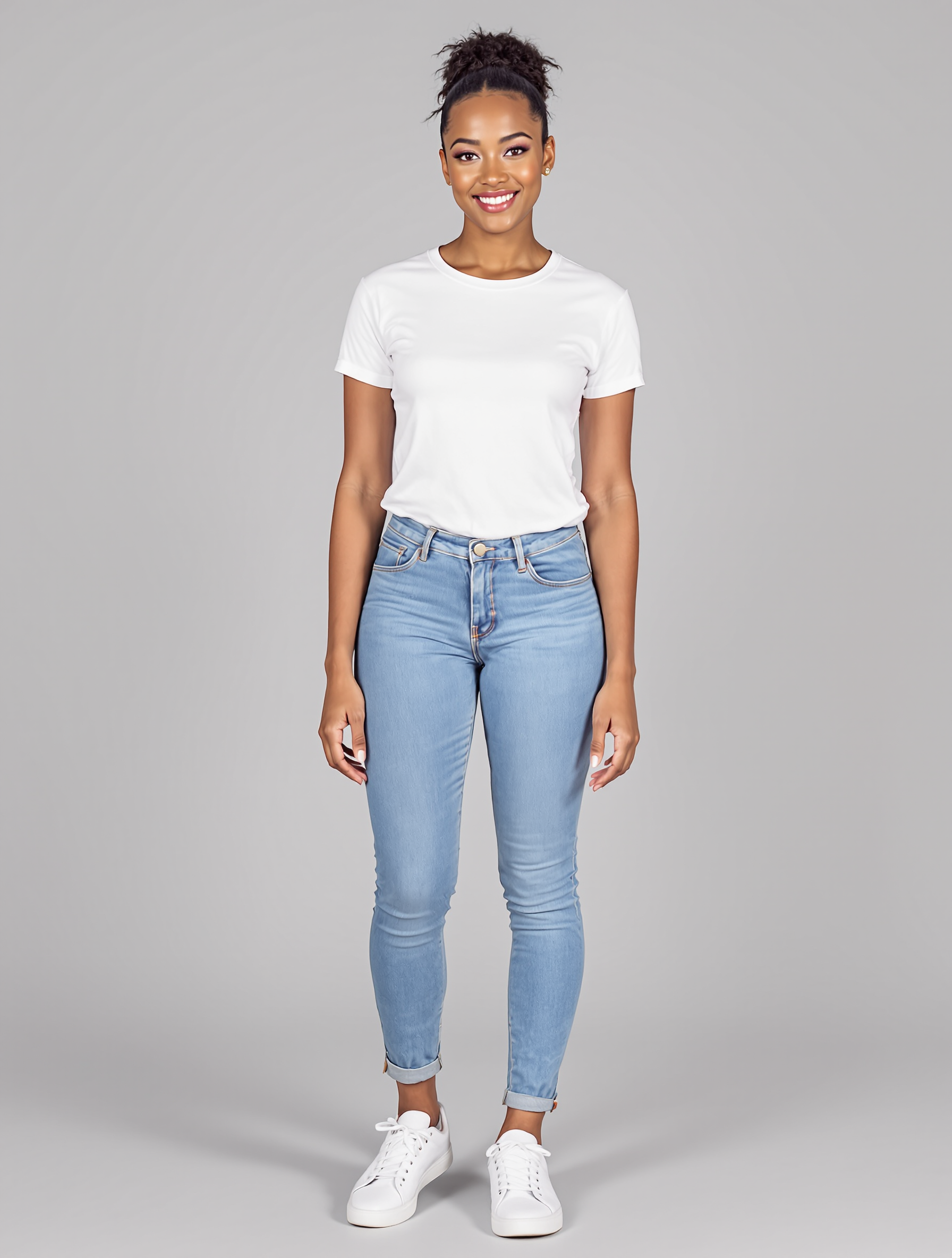 Woman in white t-shirt and light blue skinny jeans with rolled cuffs