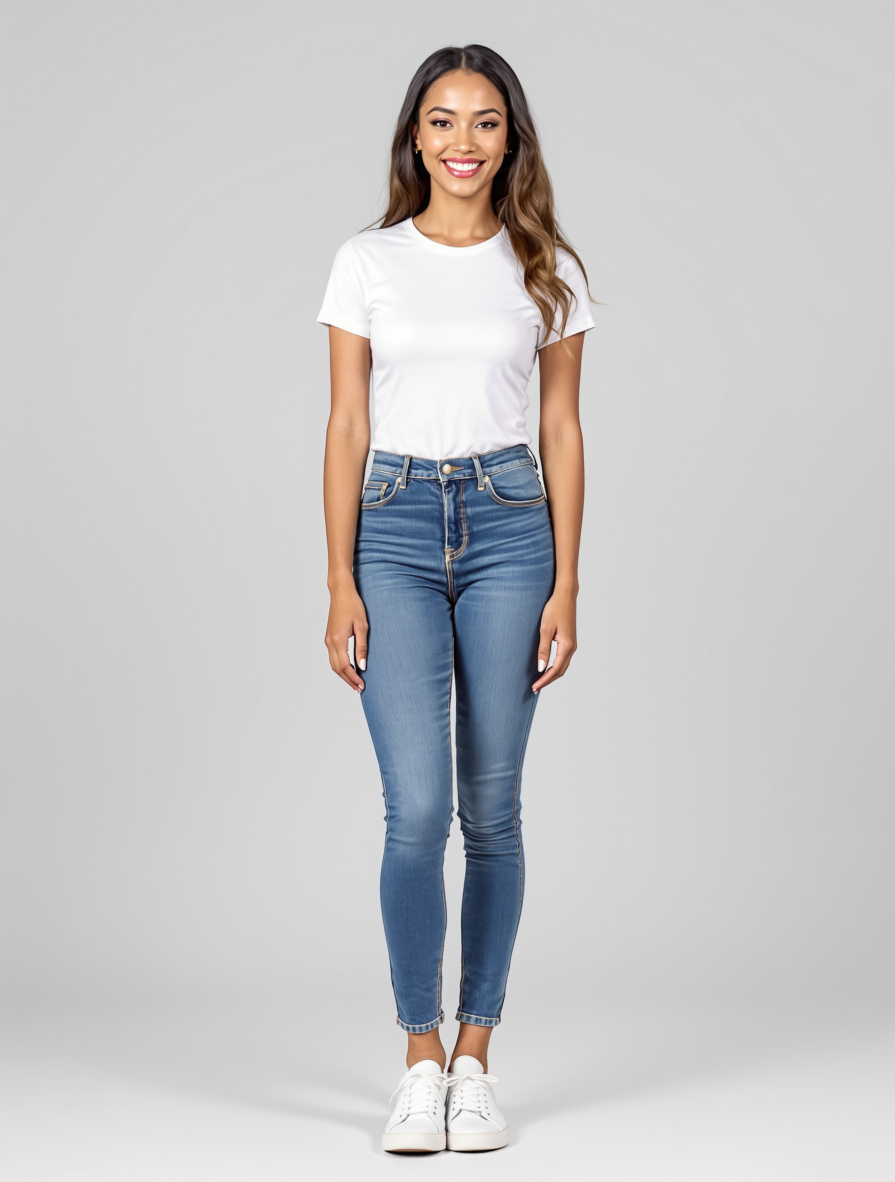 Woman in white t-shirt and blue skinny jeans with white sneakers