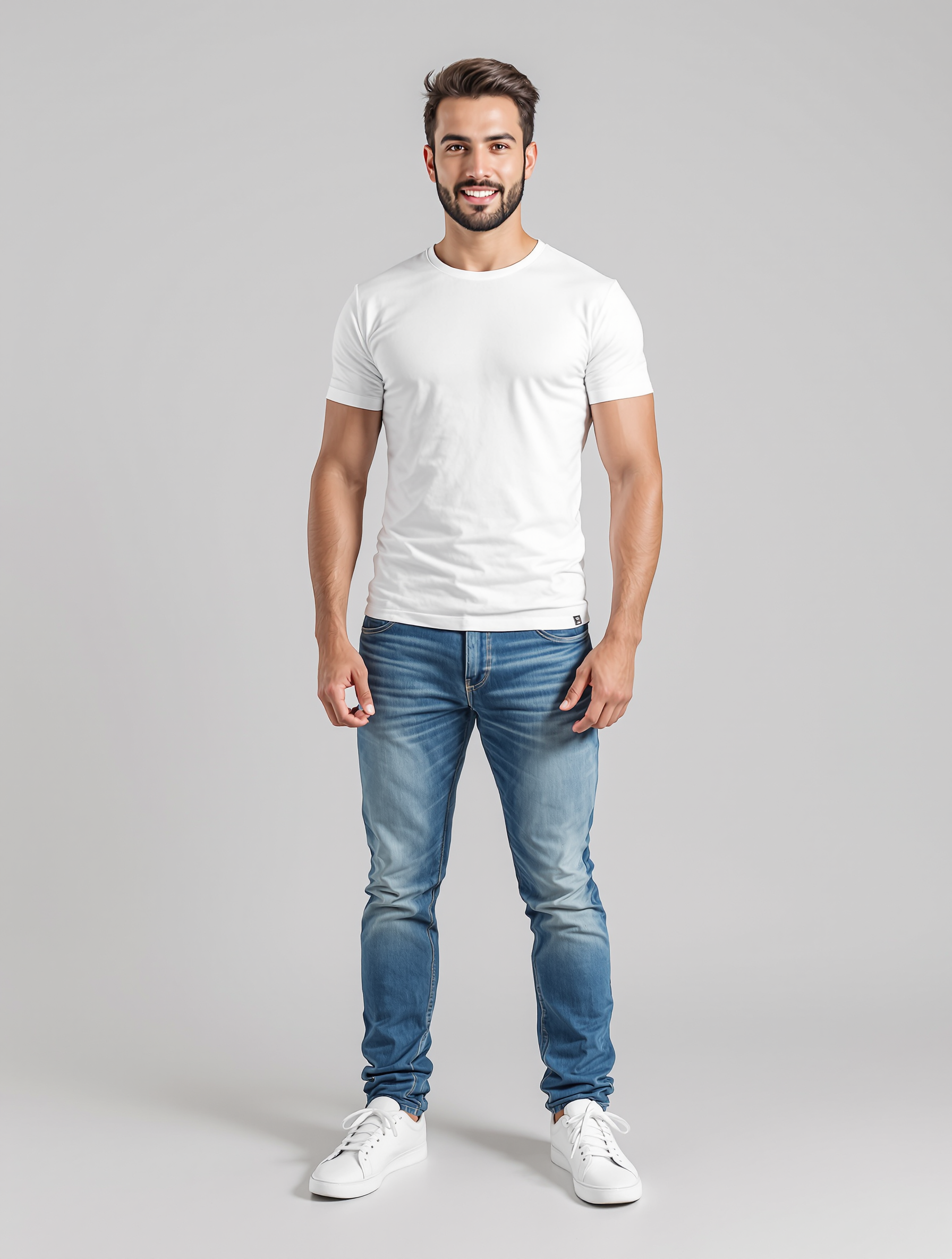 Man in white t-shirt and blue jeans with white sneakers